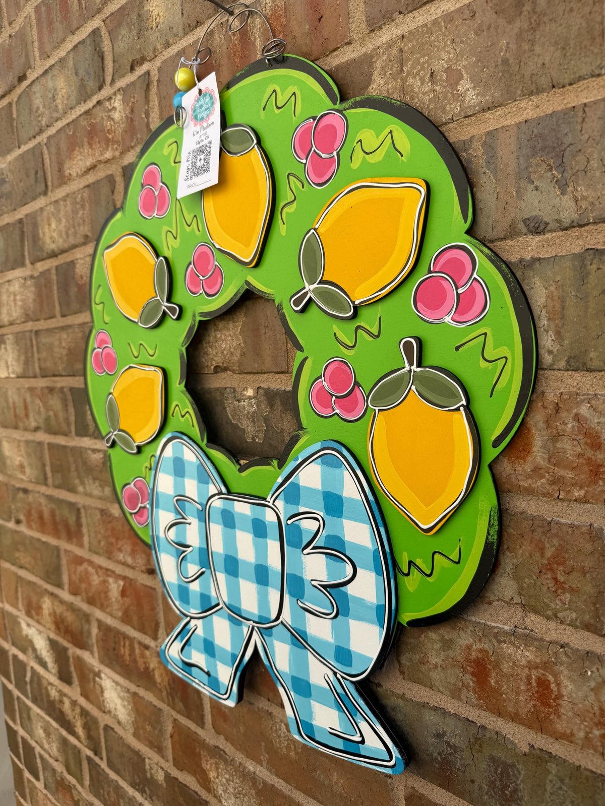 Lemon Wreath 3D Door Hanger, hand painted, Summer Decor, 20"x22"