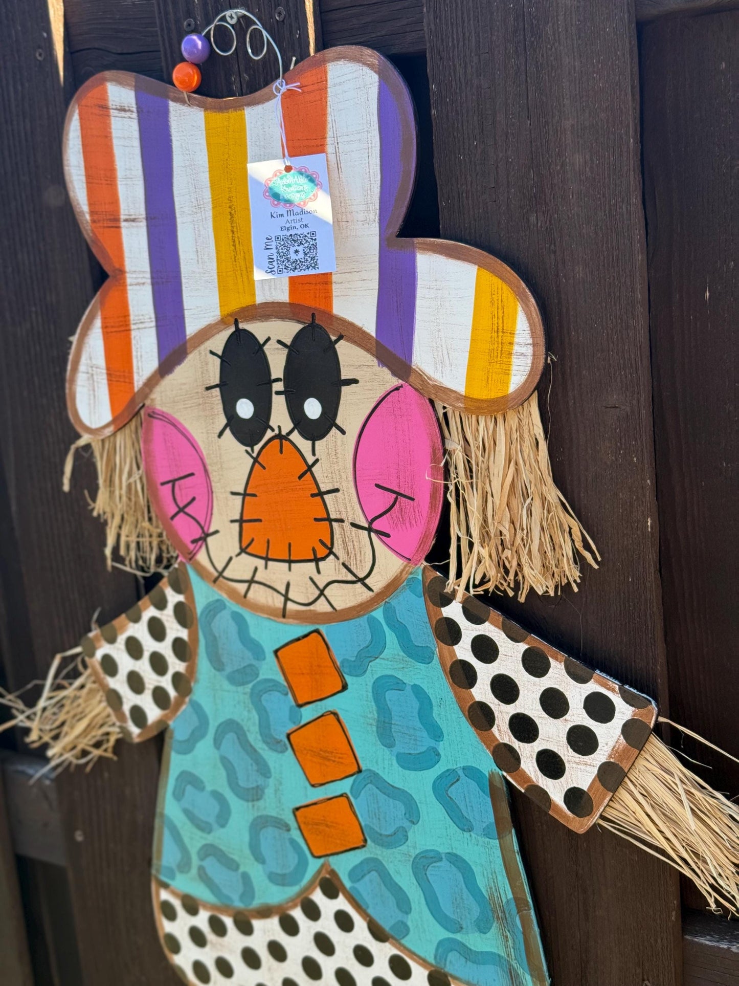 Hand Painted Scarecrow Door Hanger, Raffia Accent, Fall Decor (20x30)