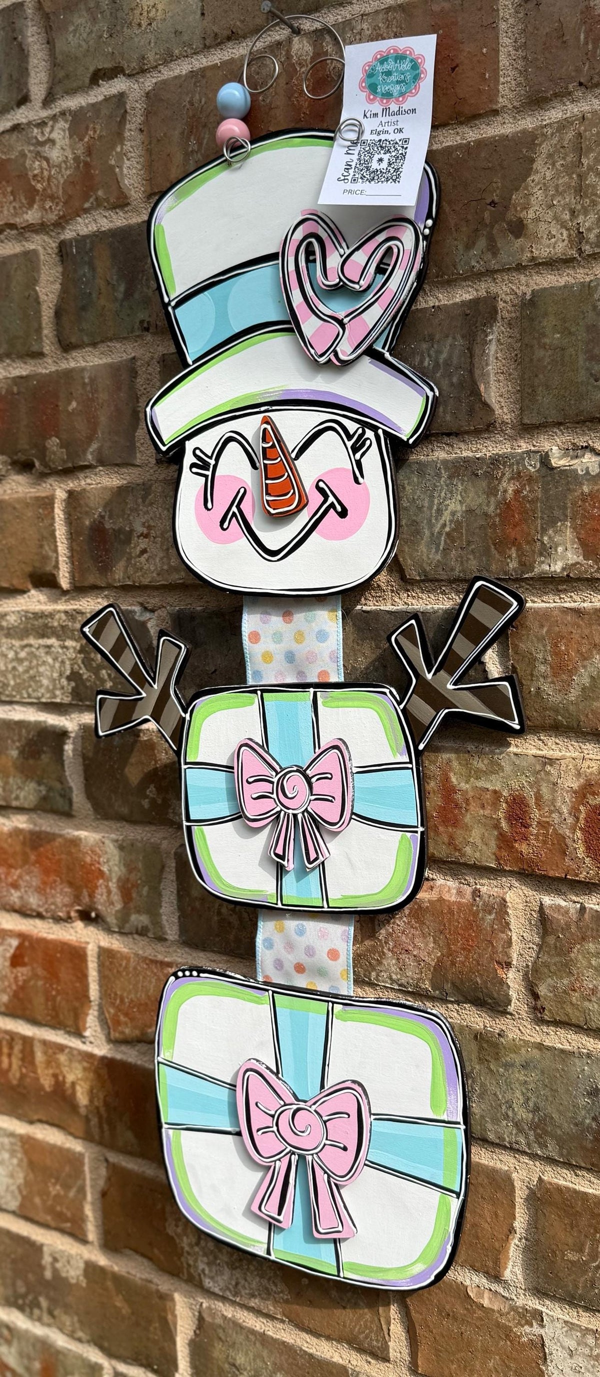 Hand Painted Snowman Door Hanger, Winter Holiday Decor, Ribbon attached