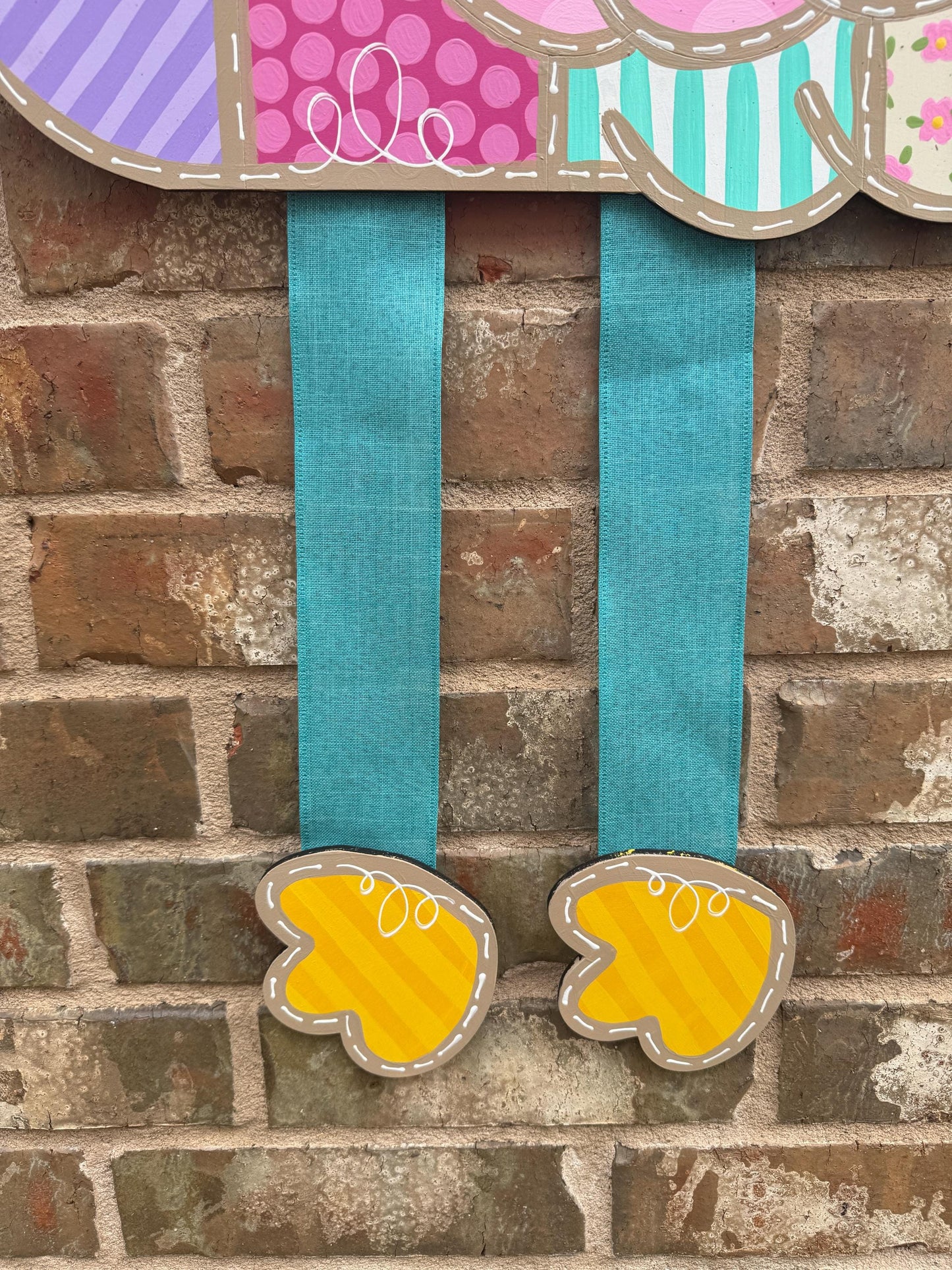 Patchwork Flamingo with ribbon legs, door hanger, Summer, 18"x36”