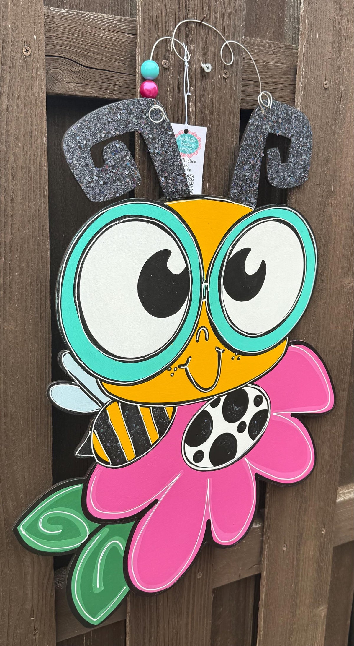 Bee on Flower Door Hanger, Summer Welcome Sign, Hand Painted