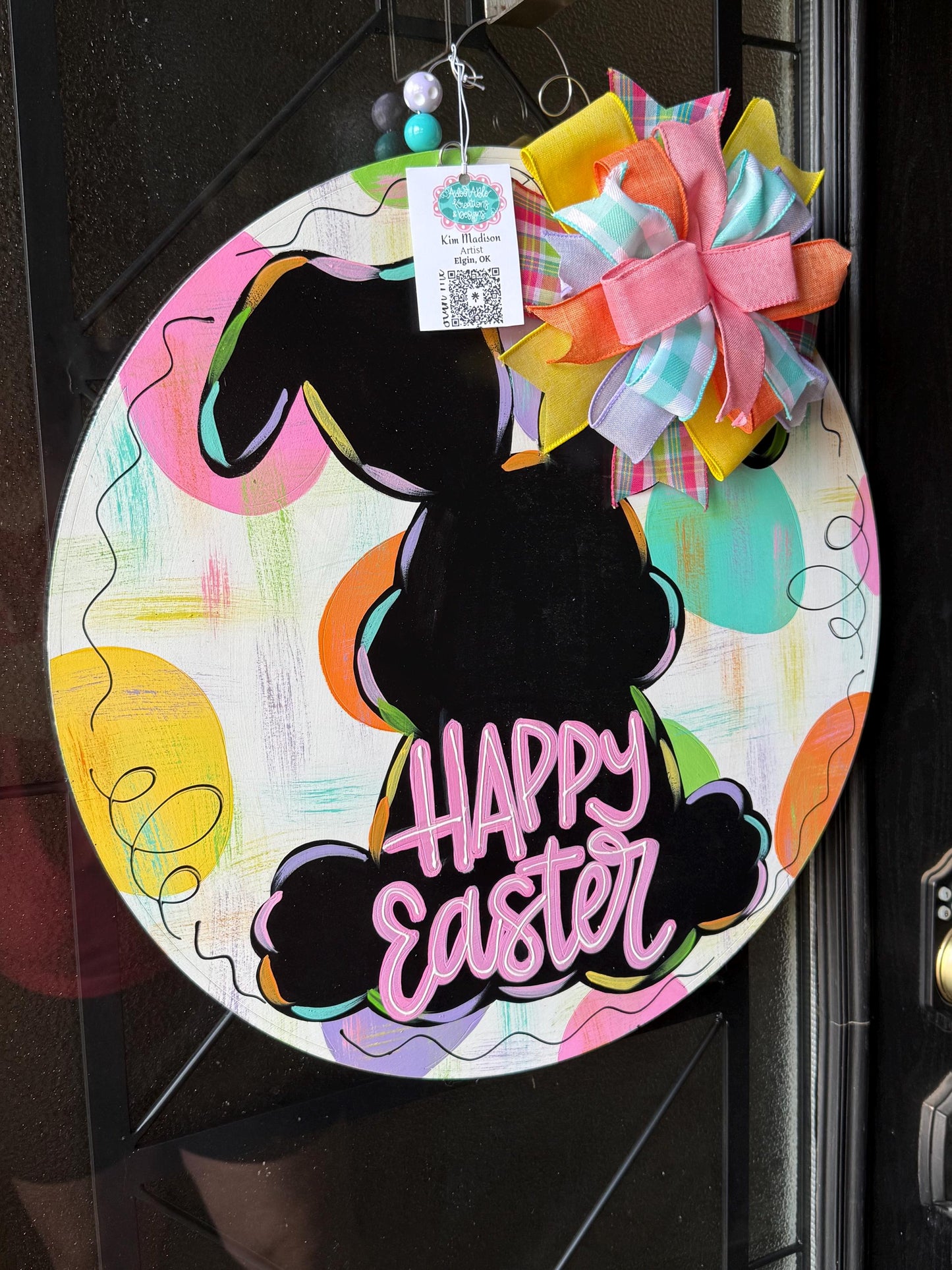 Easter Bunny Silhouette Door Hanger, Round Birch Wood Spring Decor