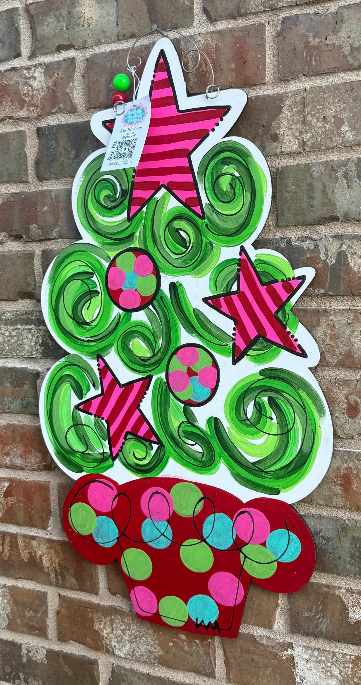 Funky Christmas Tree Door Hanger, Hand-Painted Birch Decor 15”x27”