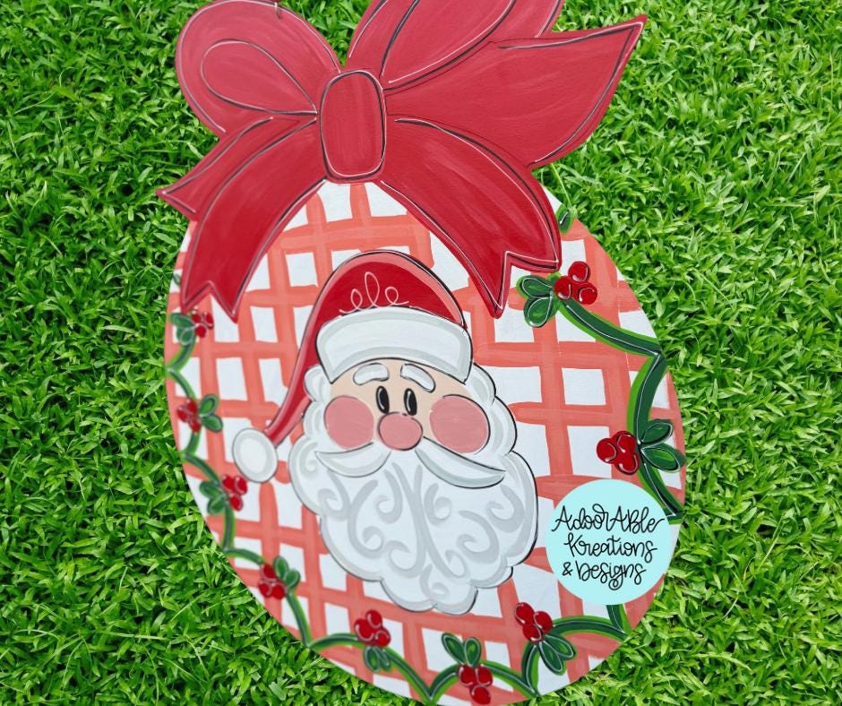Santa Holly Round Door Hanger with Bow, Christmas Decor (18.5”x23”