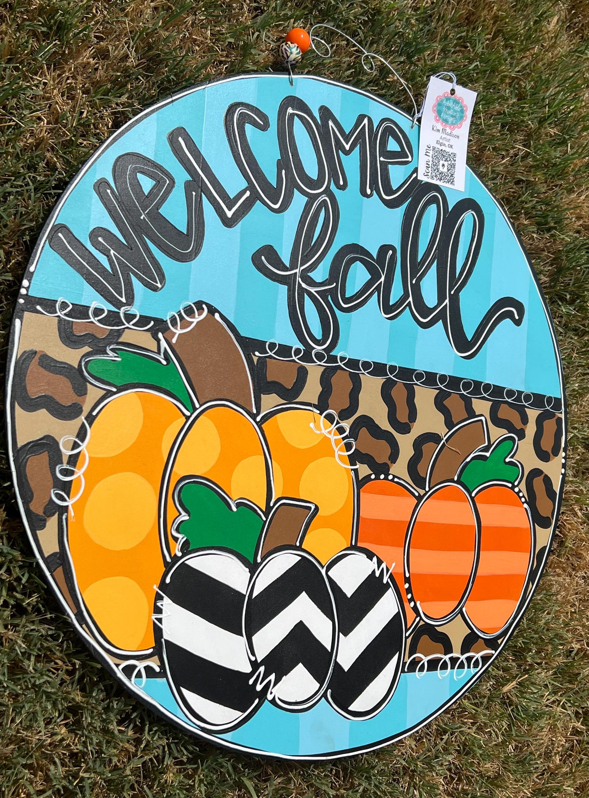 Welcome Fall Pumpkin Trio Door Hanger, 22" Round, Polka Dots
