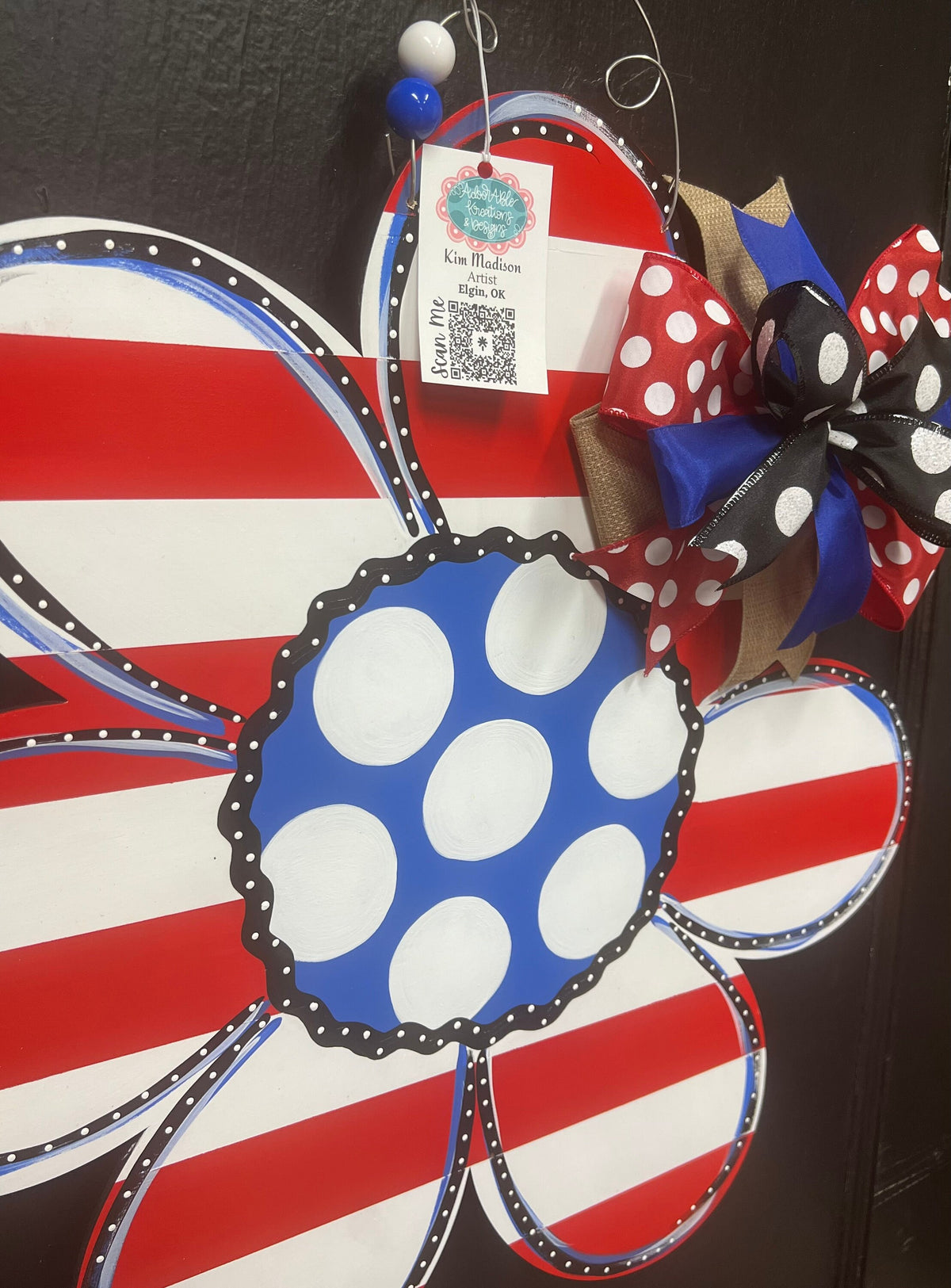 Red & White Striped Flower with Blue Center door hanger, Merica, door hanger, USA, 4th of July, Independence Day, 21”x22"