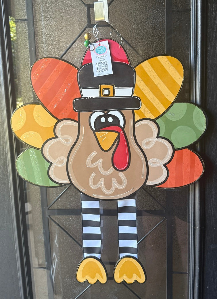 Hand-Painted Turkey Door Hanger with Ribbon Legs - Fall Thanksgiving Decor
