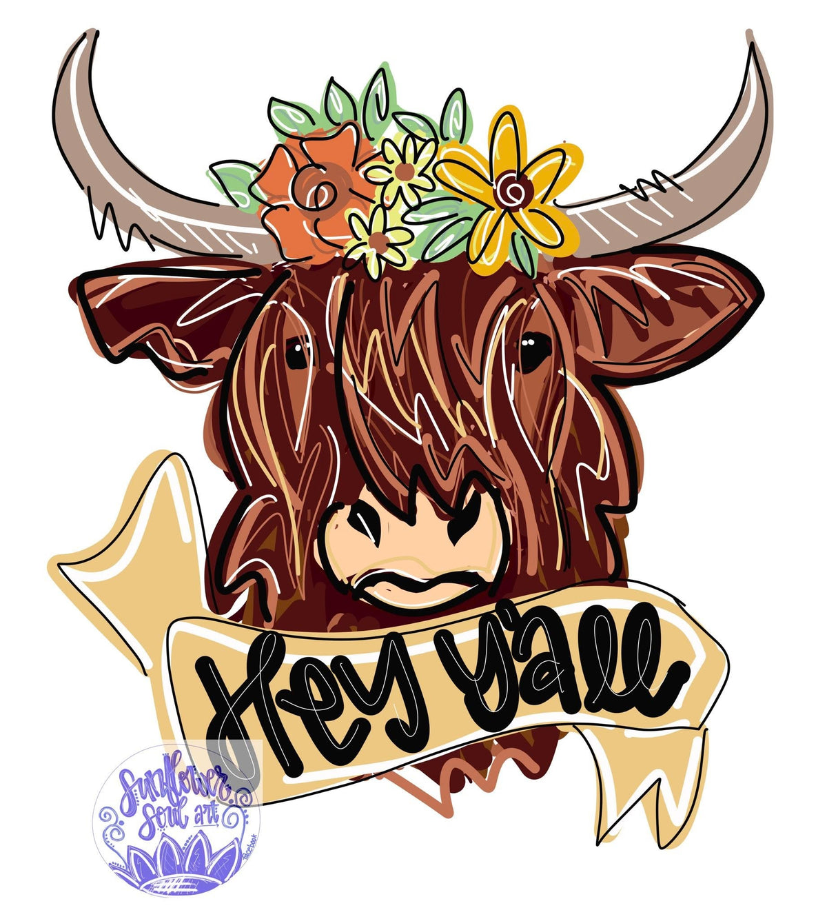 Highland Cow Hey Y'all - Sunflower Soul Art