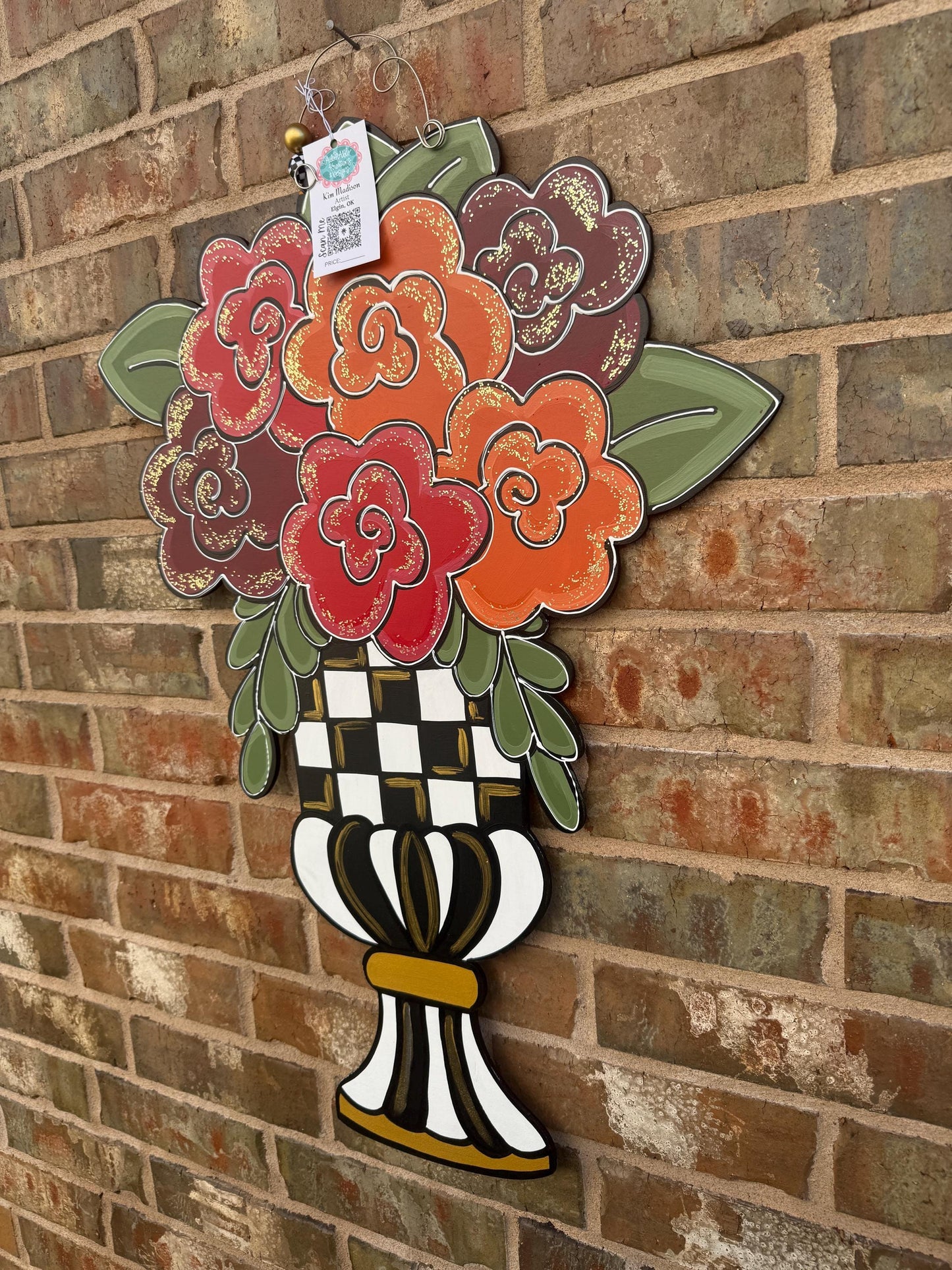 Checkered Floral Door Hanger, Fall Decor (21"x30")