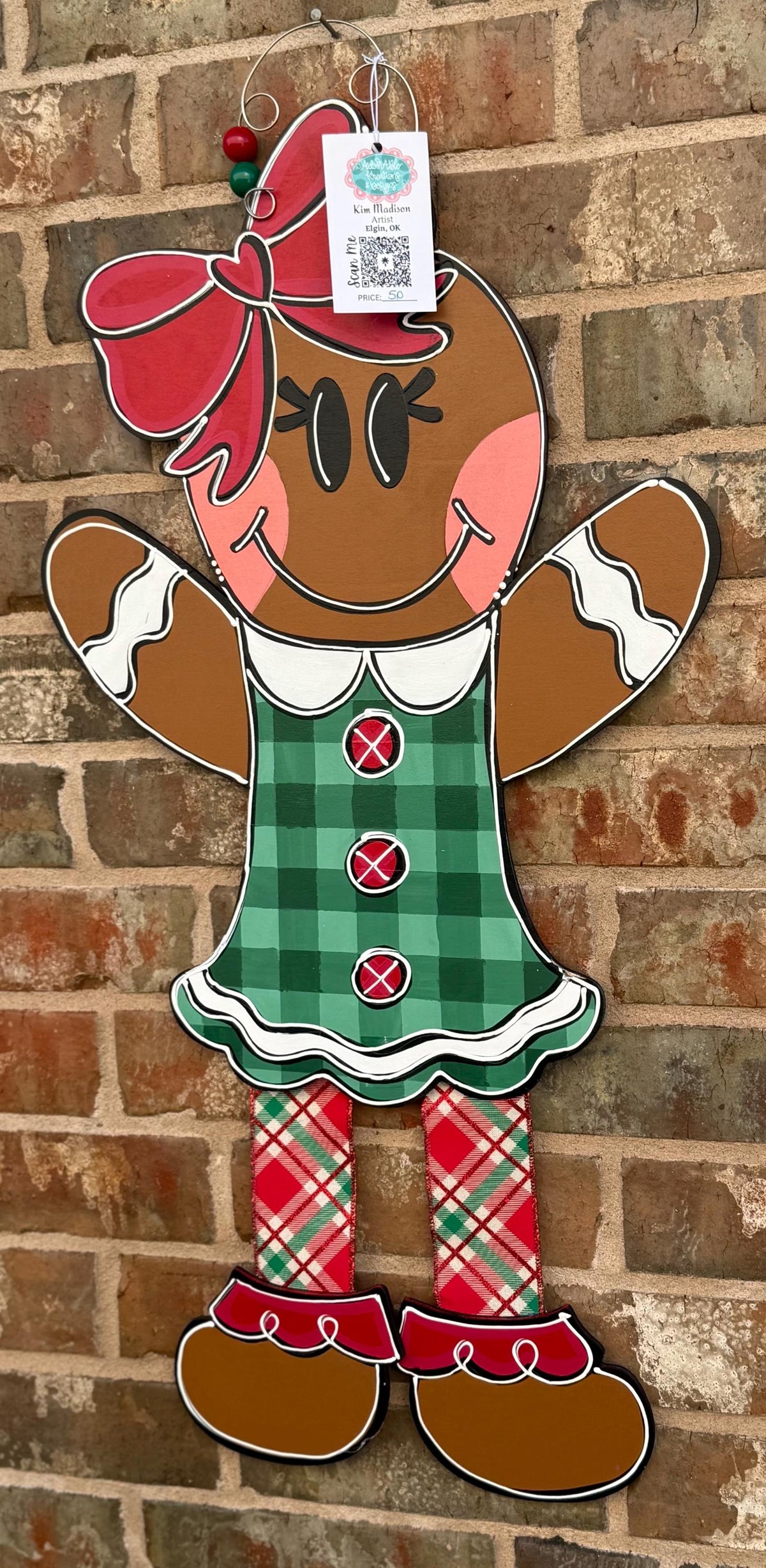 Gingerbread Girl Door Hanger with Ribbon Legs, Christmas Decor