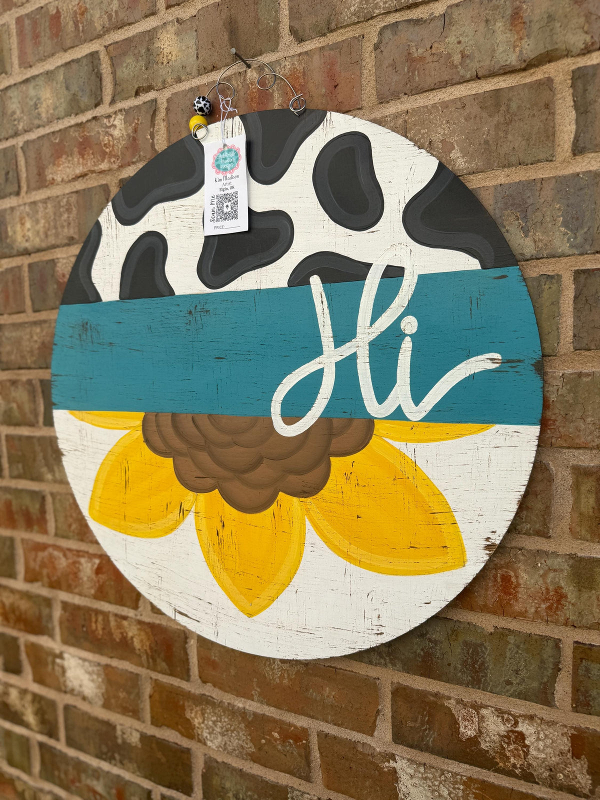 Sunflower Cow Print door hanger, fall door hanger, Hi door hanger, door hanger, acrylic painting, 20" round