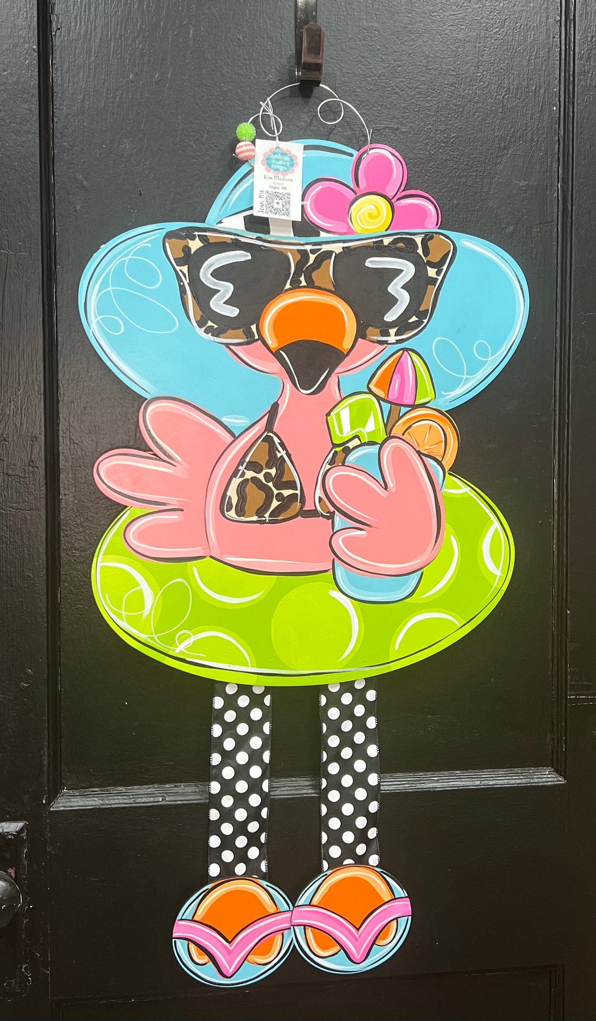 Flamingo Pool Float Door Hanger, Ribbon Legs, Summer Beach Decor (19x36)