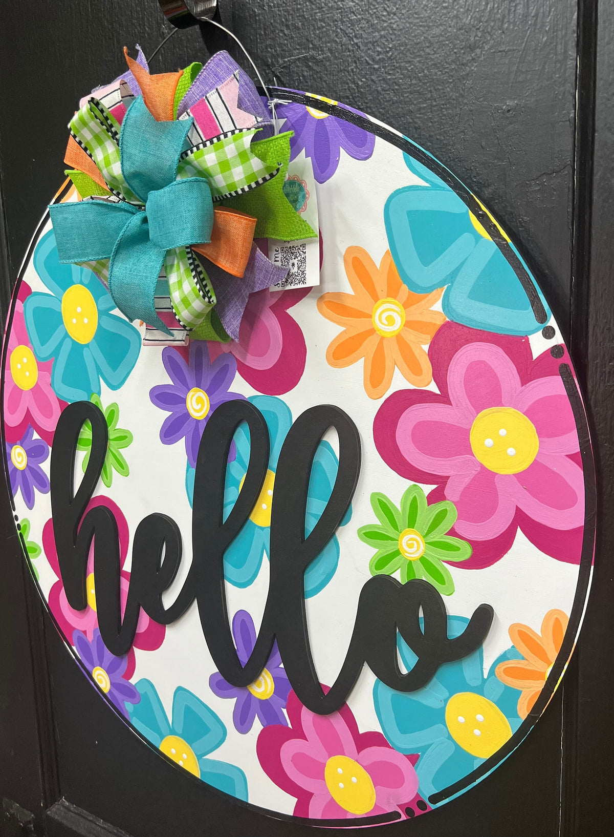 Floral Hello Door Hanger, Colorful Summer Wreath, 22" Round