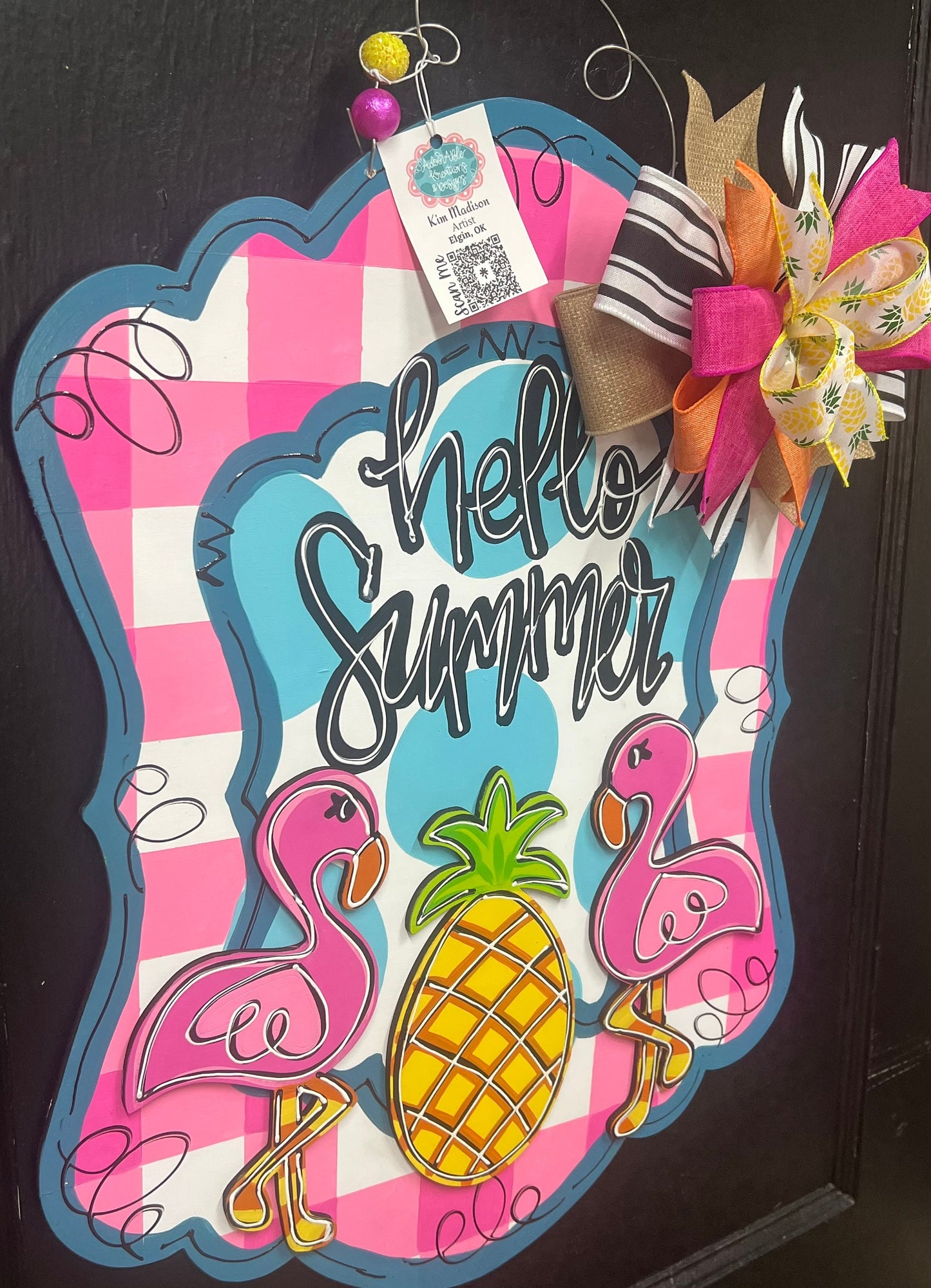 Hello Summer Flamingo Pineapple Door Hanger, Beach Decor