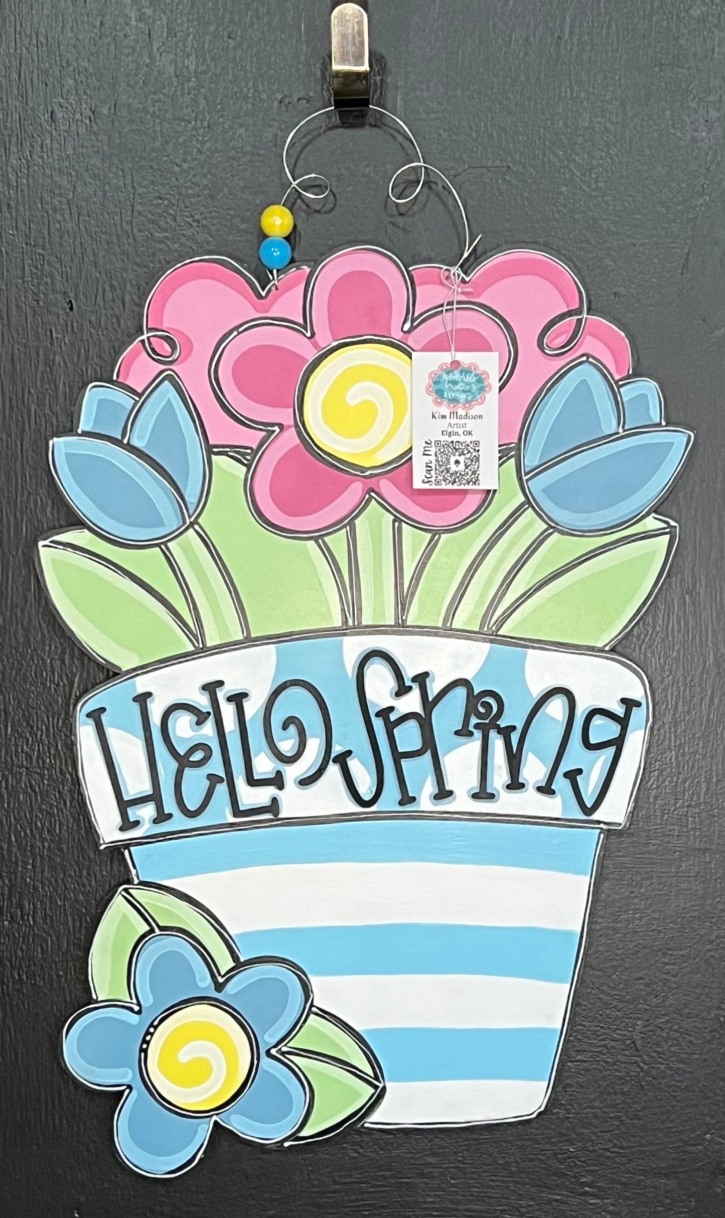 3D Hello Spring Floral Pot Door Hanger, Birch Wood