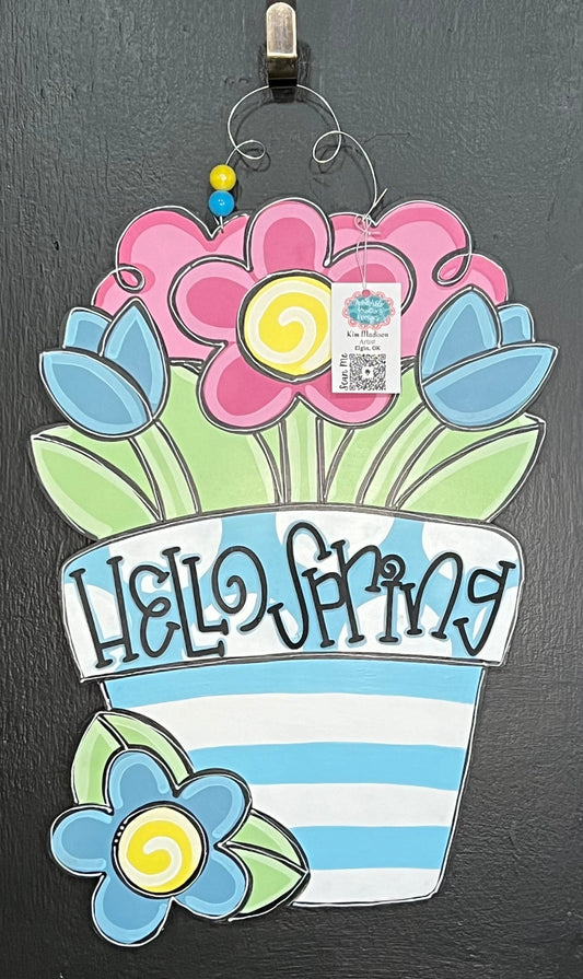 3D Hello Spring Floral Pot Door Hanger, Birch Wood