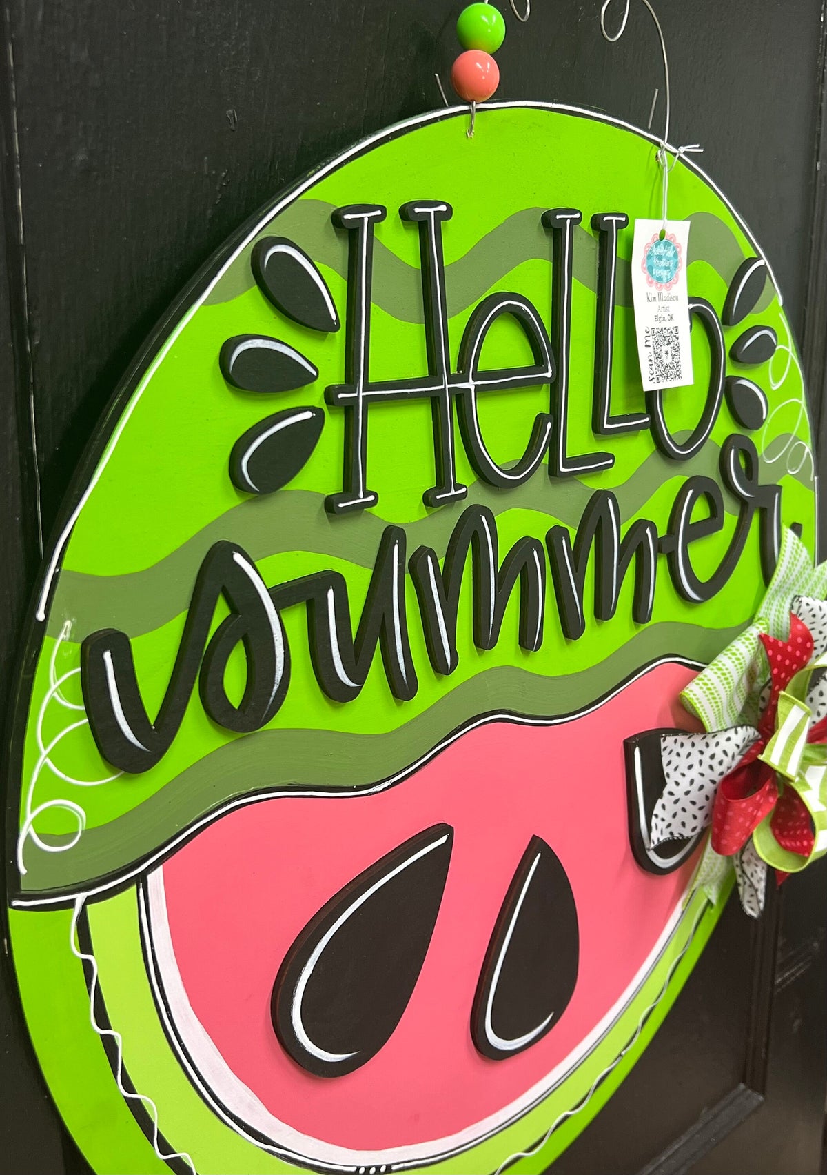Hello Summer Watermelon Door Hanger, 22" Round, 3D Wood Sign
