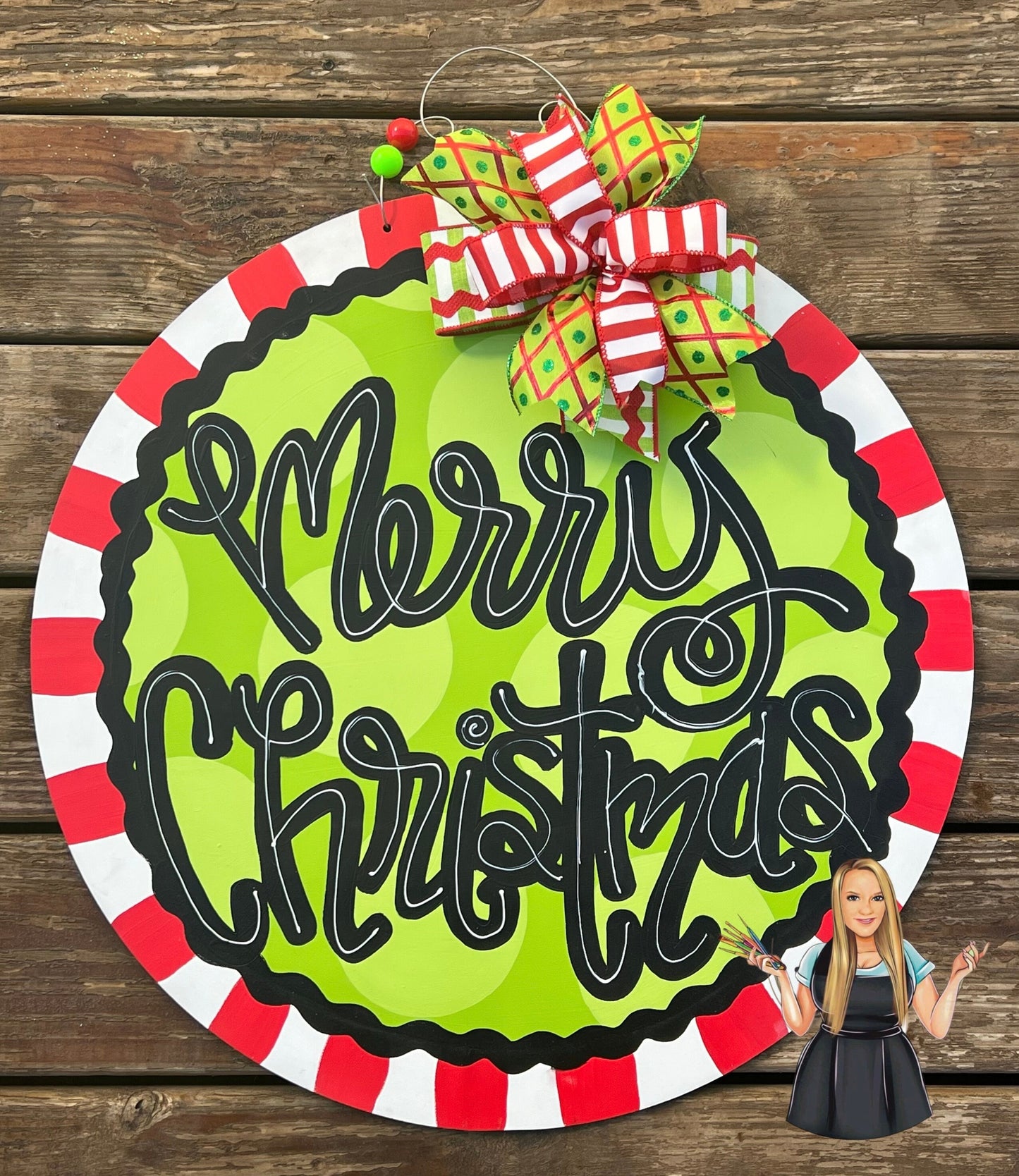 Merry Christmas Door Hanger, Round Birch Wood, Holiday Decor