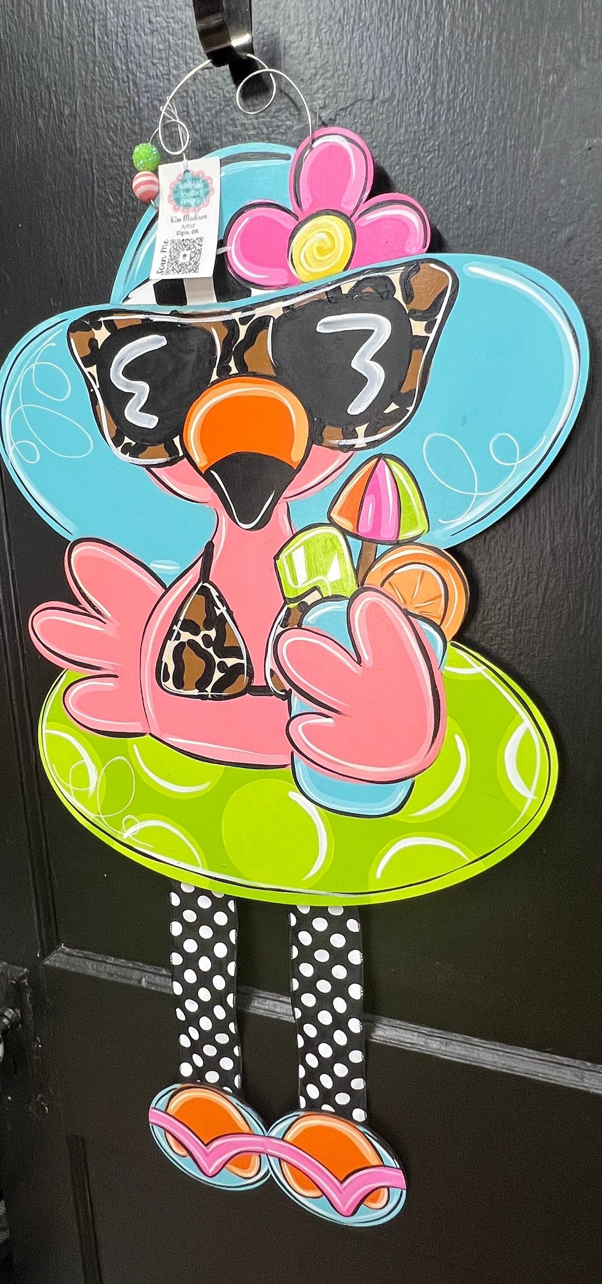 Flamingo Pool Float Door Hanger, Ribbon Legs, Summer Beach Decor (19x36)