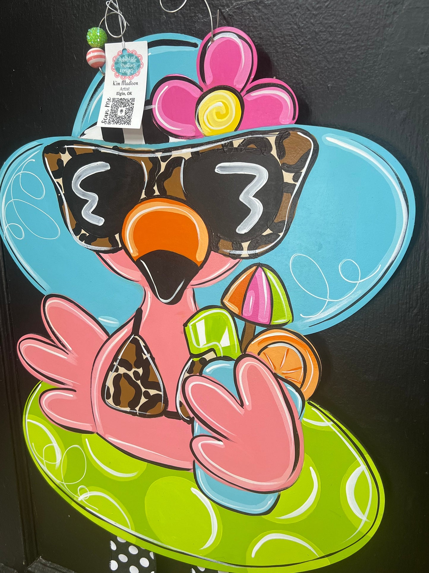 Flamingo Pool Float Door Hanger, Ribbon Legs, Summer Beach Decor (19x36)