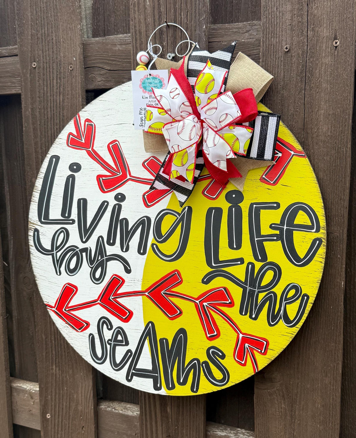 Living Life By The Seams Door Hanger, Baseball Softball Decor, 20" Round