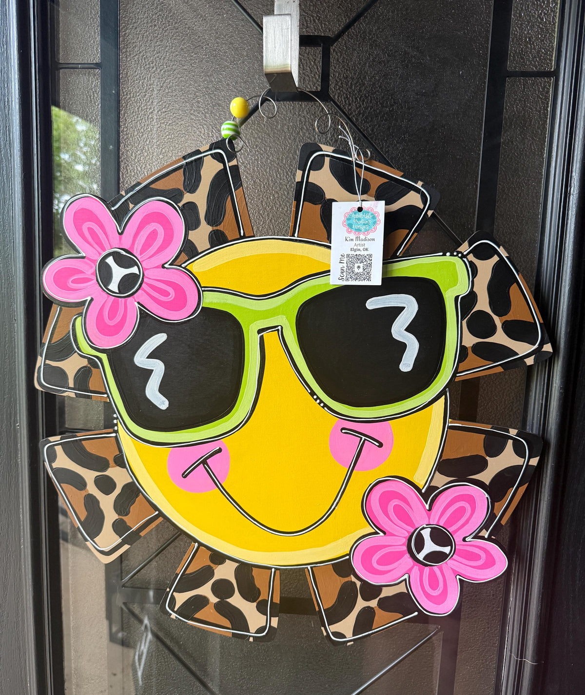 Sun with flowers Door Hanger with Sunglasses, Beach Decor, 22"x22"