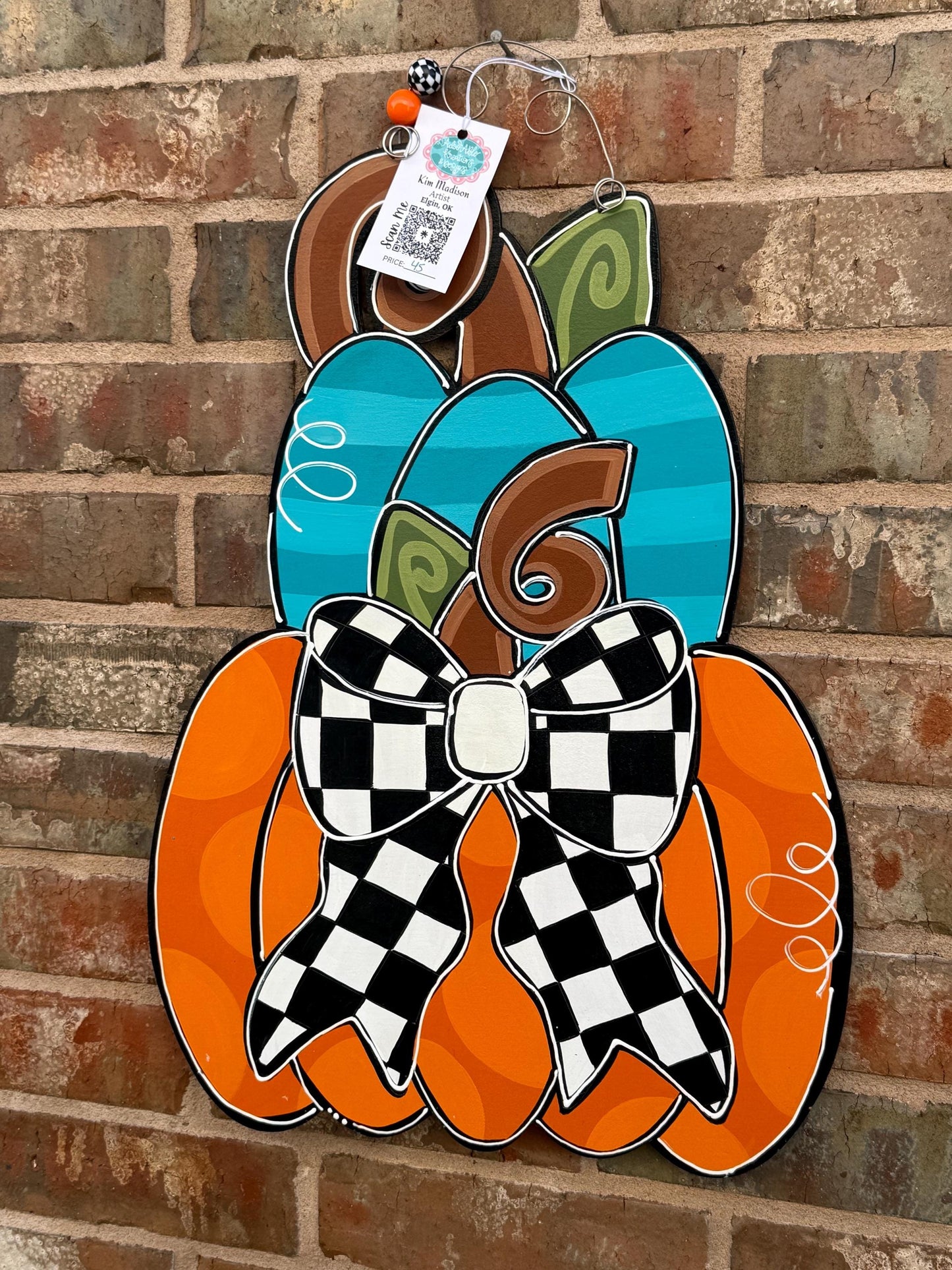 Pumpkin Stack Door Hanger: Fall Decor with Checkered Bow (16"x22")