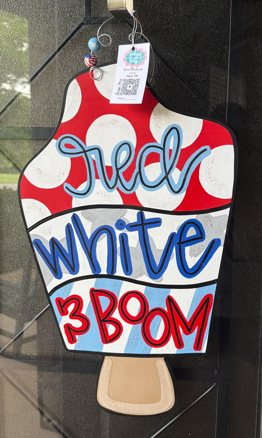 Red White Boom Door Hanger, Patriotic USA 4th July Decor