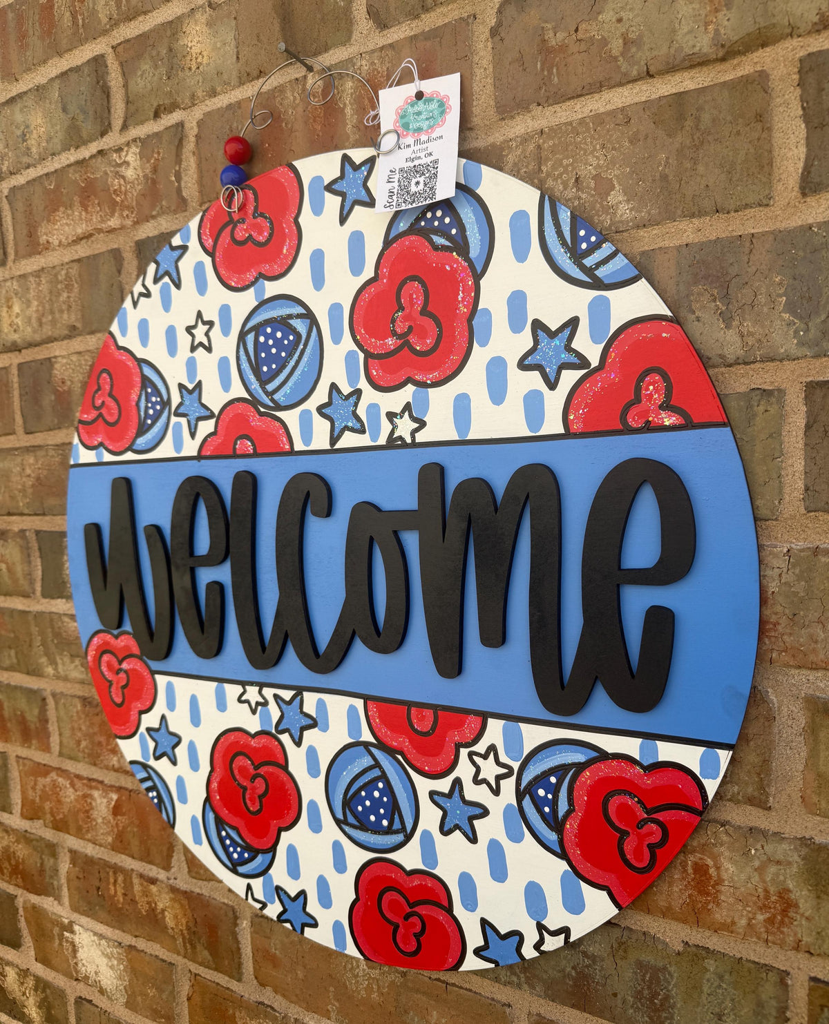 Welcome Floral Door Hanger, Red White Blue, USA Patriotic Decor