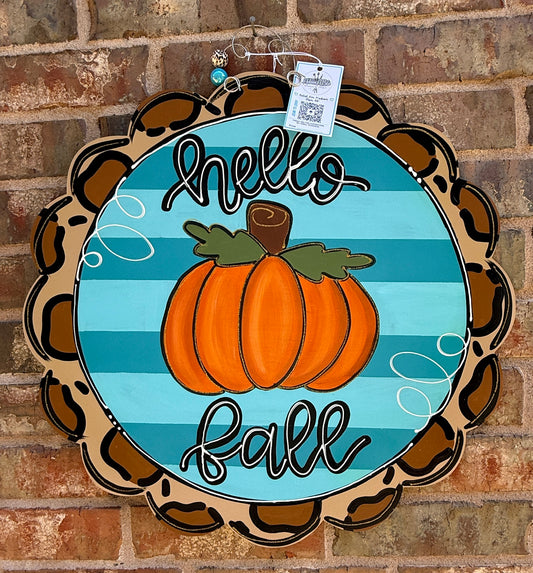 Hello Fall Scallop Pumpkin Door Hanger