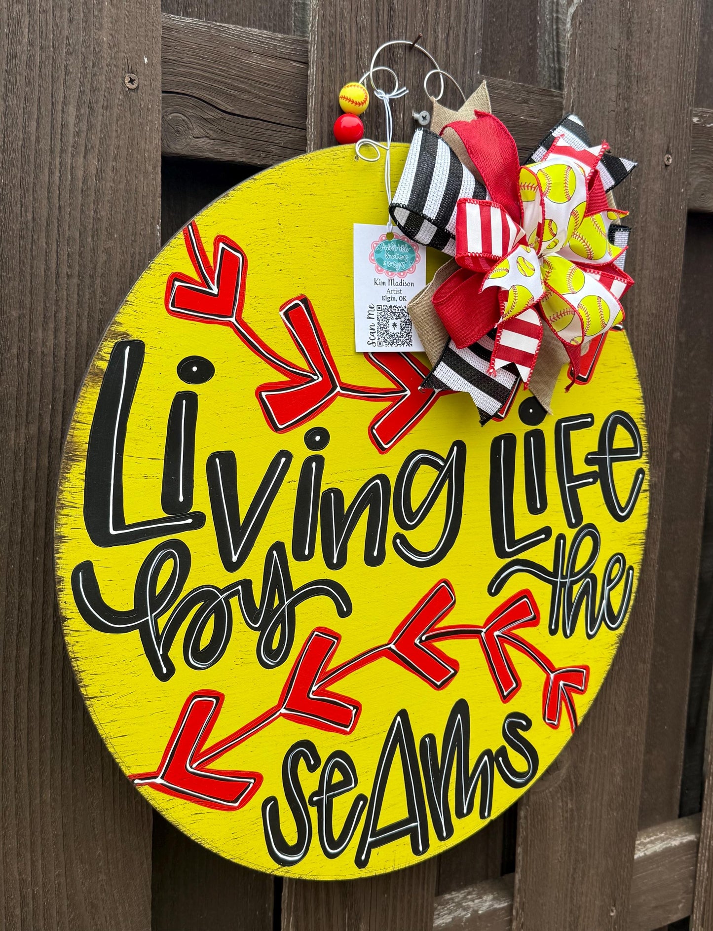 Living Life By The Seams Door Hanger, Baseball Softball Decor, 20" Round