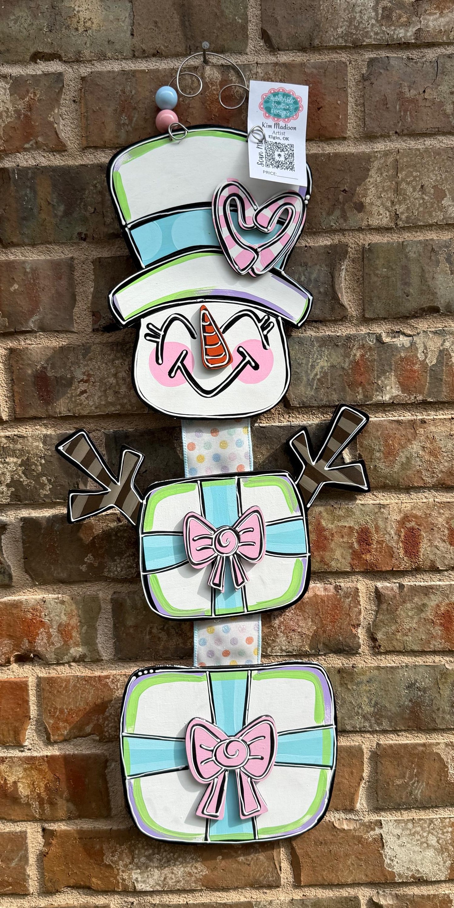 Hand Painted Snowman Door Hanger, Winter Holiday Decor, Ribbon attached