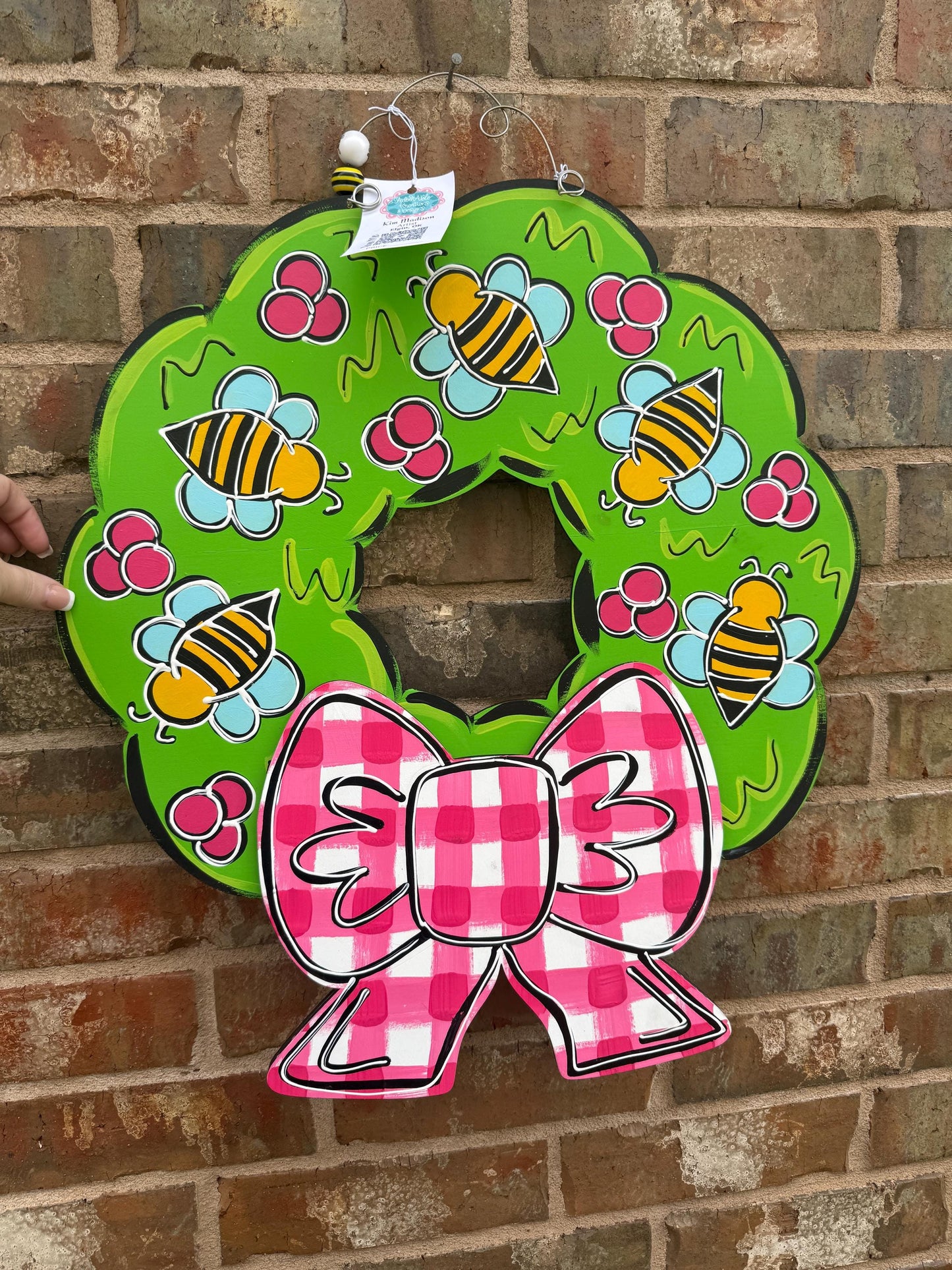 Bee Wreath 3D Door Hanger, hand painted, Summer Decor, 20"x22"