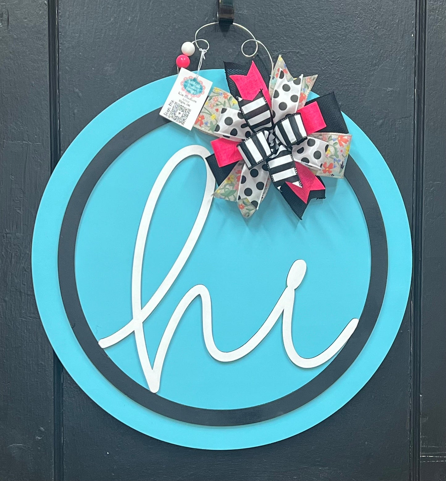 Hi 3D Door Hanger, Pink Teal White Round Sign, 22"