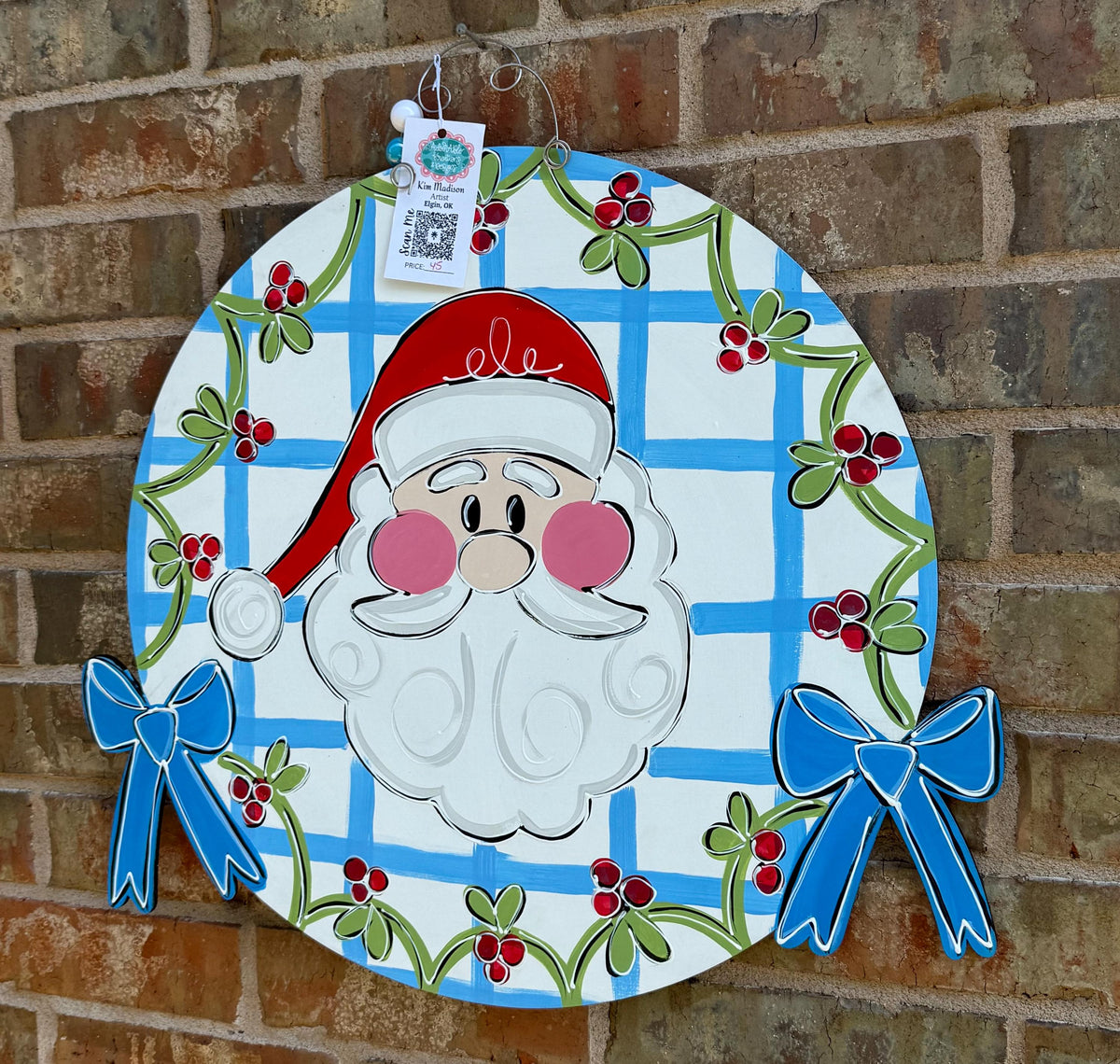 Santa Holly Round Door Hanger: Hand-Painted Birch Christmas Decor