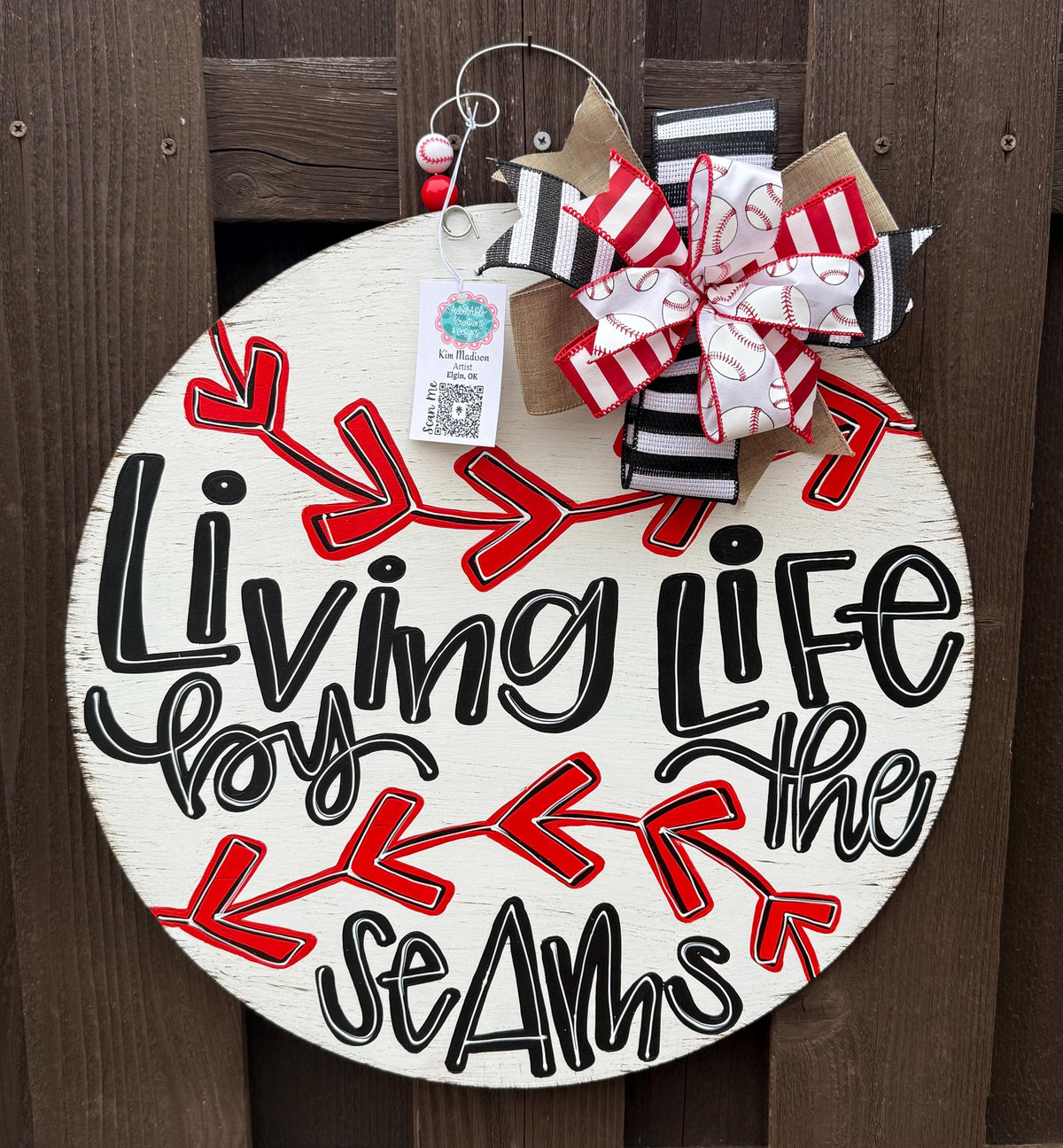 Living Life By The Seams Door Hanger, Baseball Softball Decor, 20" Round