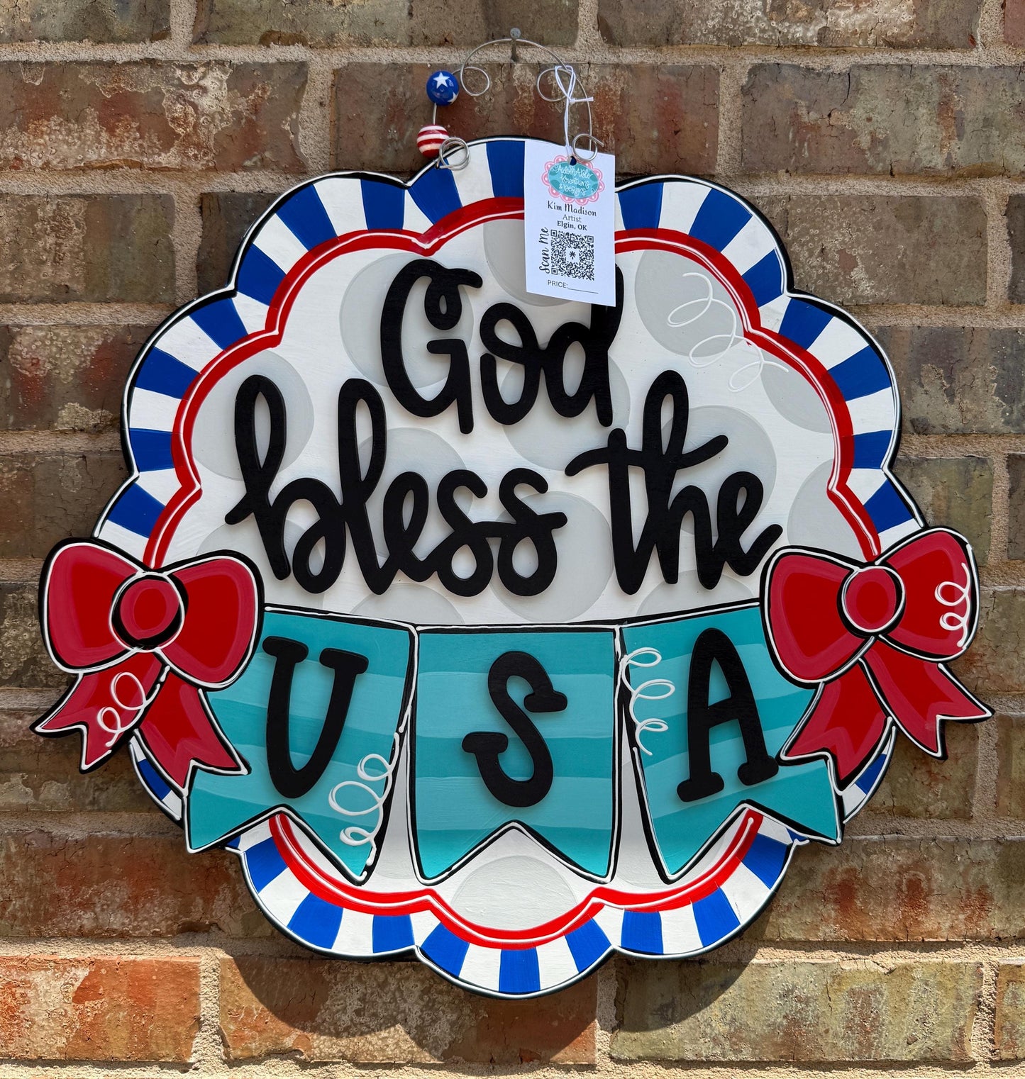 God Bless USA Door Hanger, Patriotic Independence Day Decor, Hand Painted Birch (21"x23")