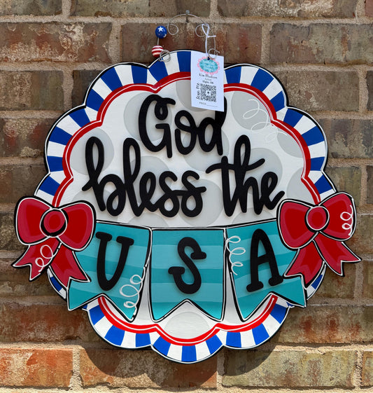 God Bless USA Door Hanger, Patriotic Independence Day Decor, Hand Painted Birch (21"x23")