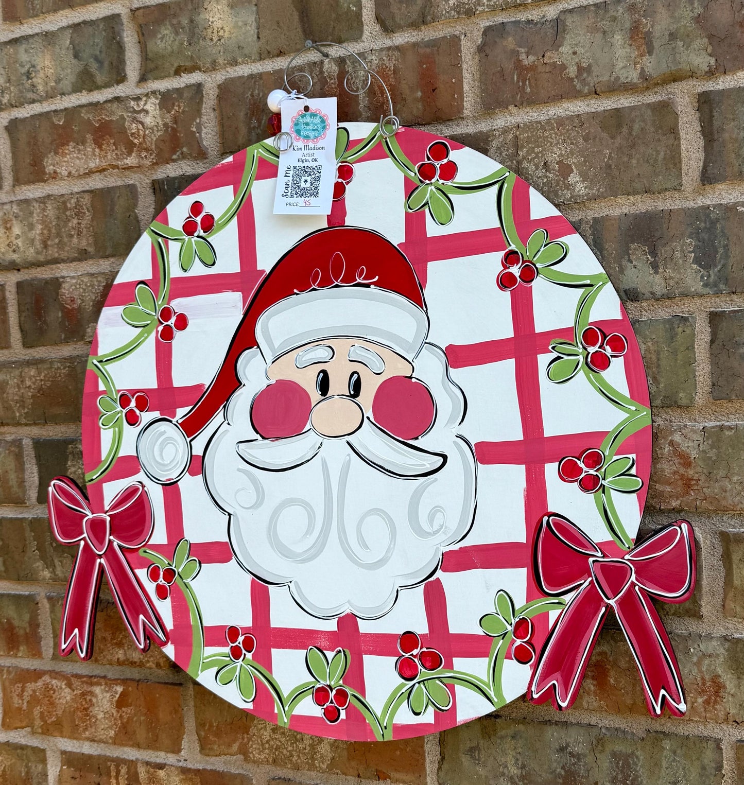 Santa Holly Round Door Hanger: Hand-Painted Birch Christmas Decor