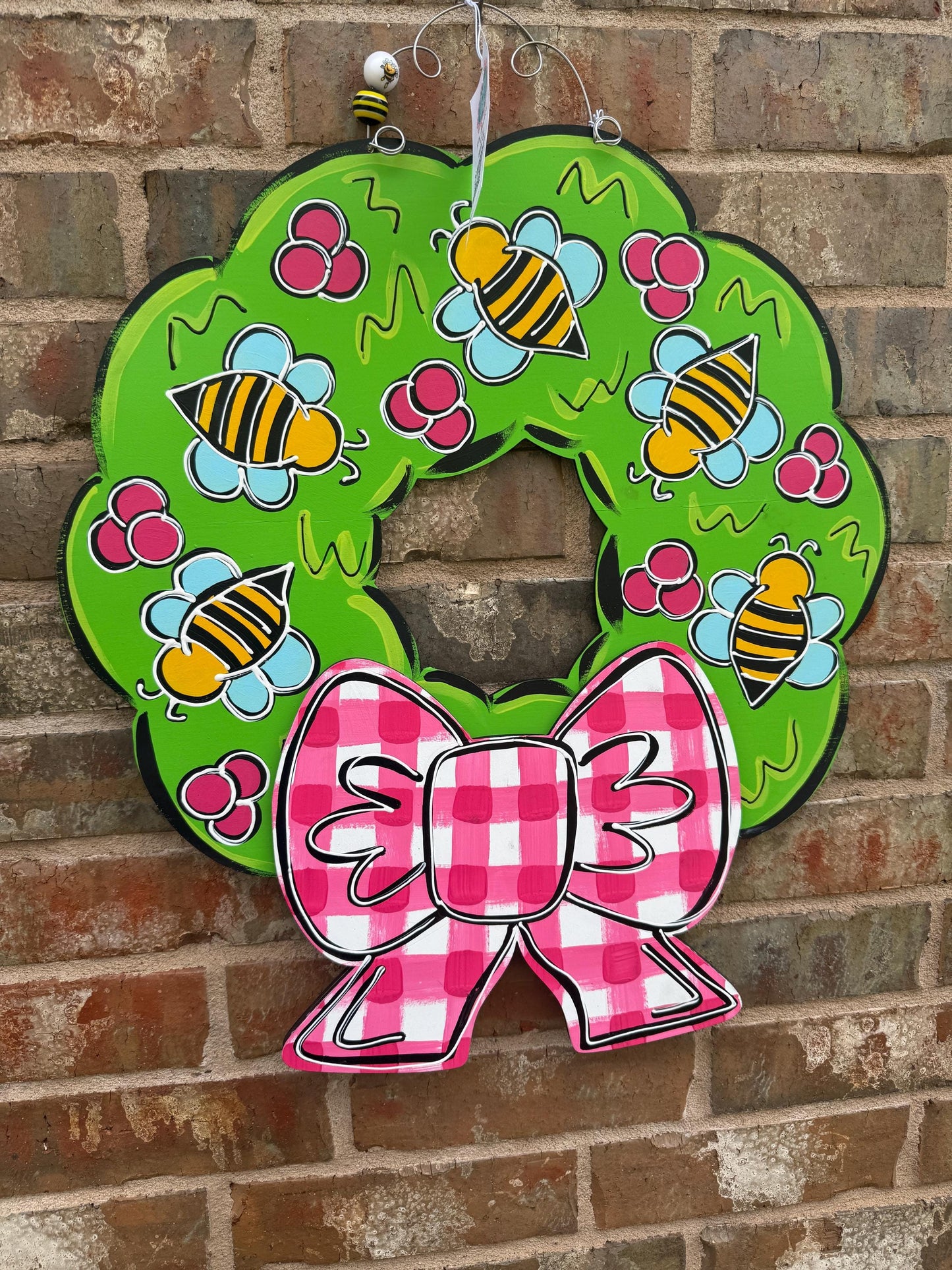 Bee Wreath 3D Door Hanger, hand painted, Summer Decor, 20"x22"