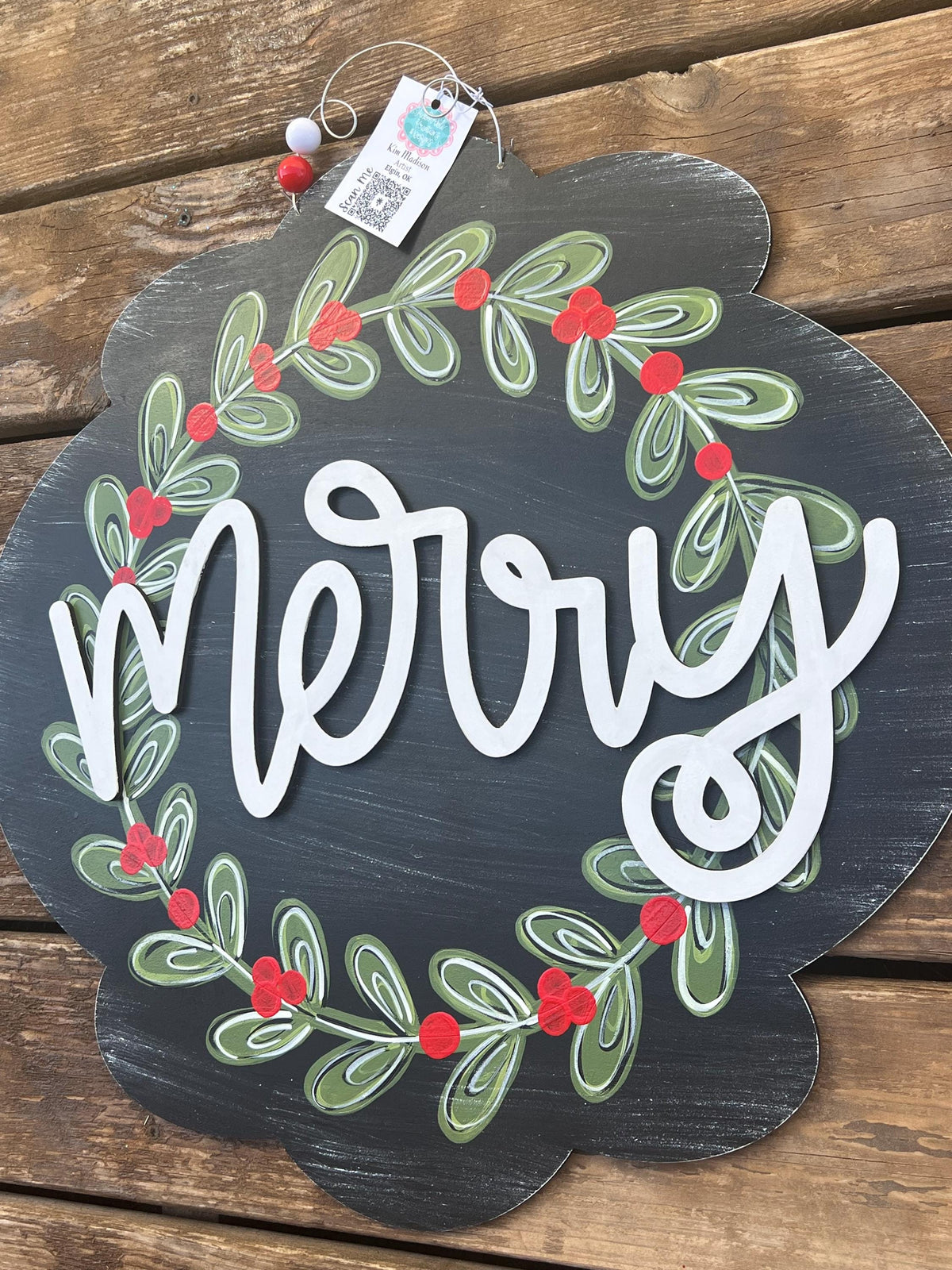 3D Holly Christmas Door Hanger, Painted Birch Wood