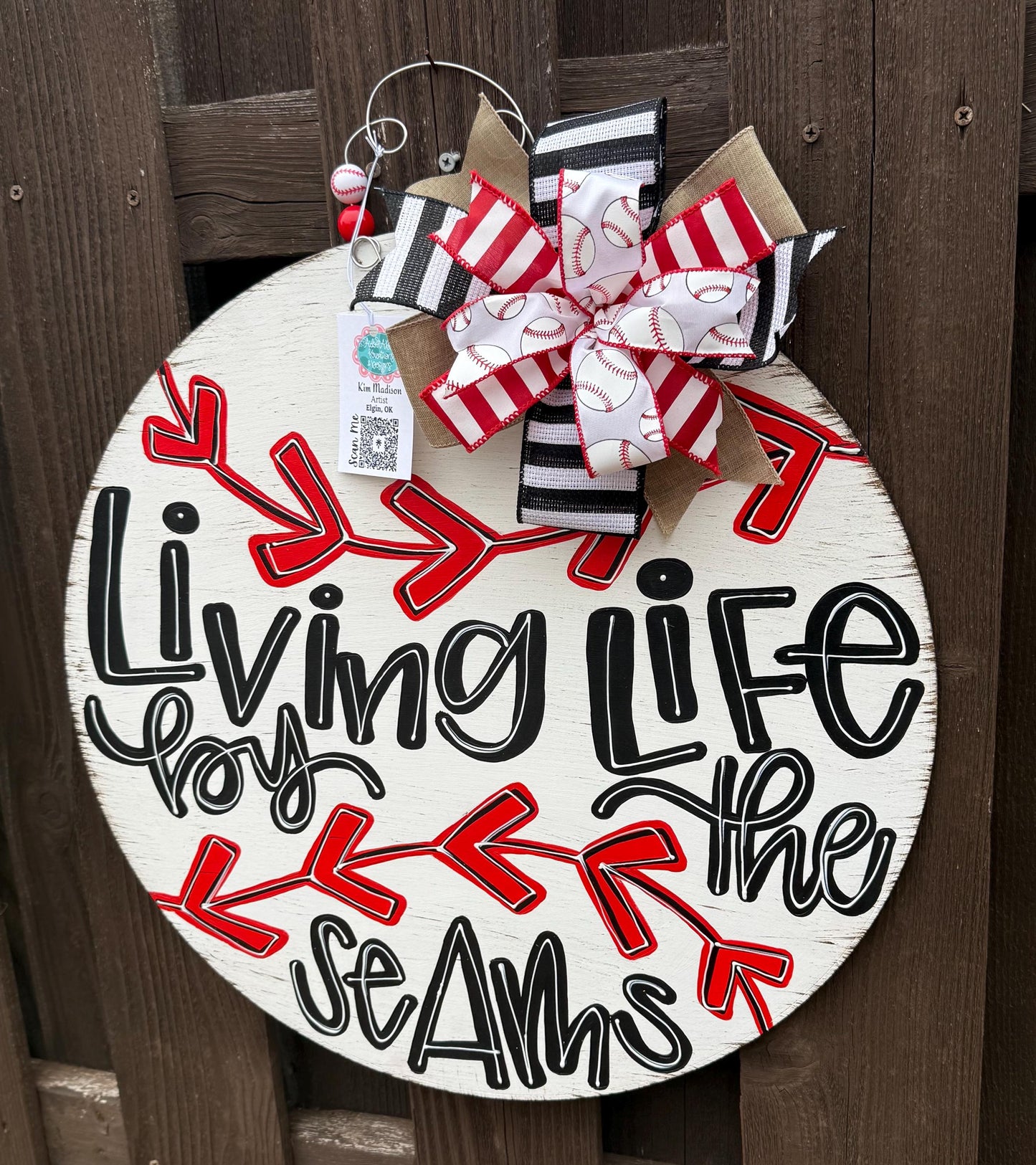 Living Life By The Seams Door Hanger, Baseball Softball Decor, 20" Round