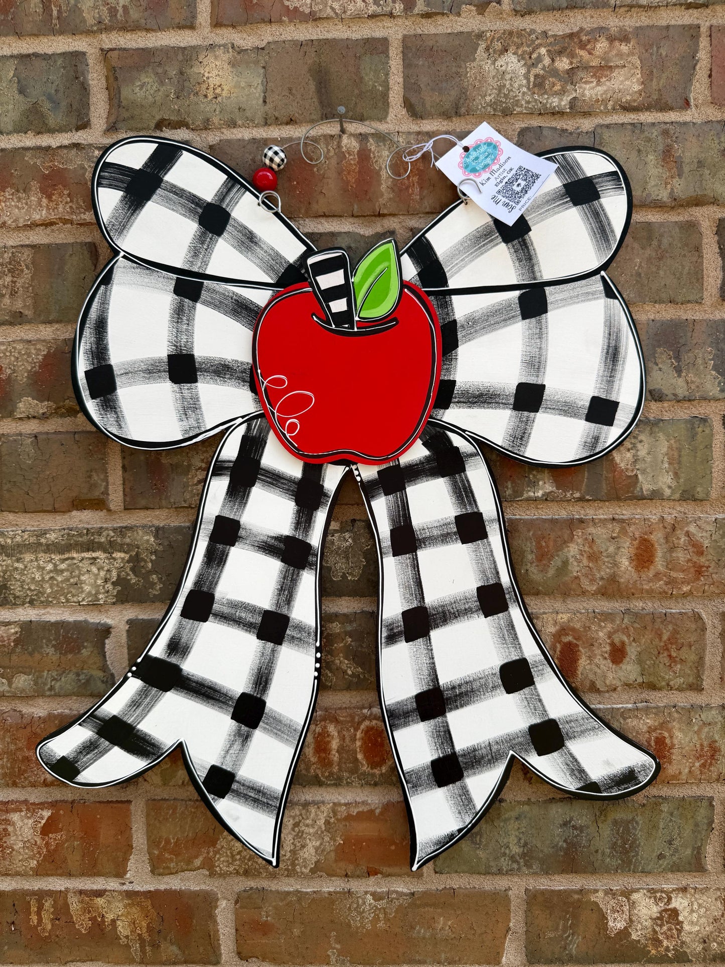 Plaid Bow Door Hanger with Apple, approx 23"