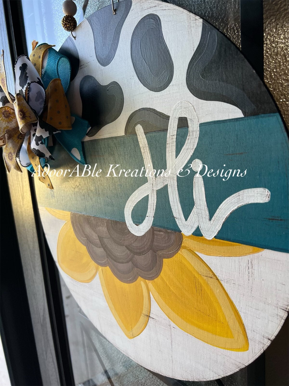 Sunflower Cow Print door hanger, fall door hanger, Hi door hanger, door hanger, acrylic painting, 20" round