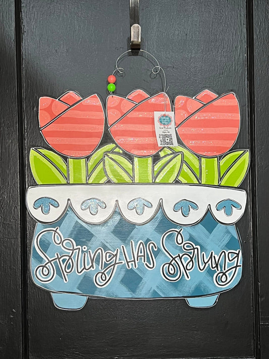 Tulips Spring Door Hanger, Floral Painted Wood Decor (21” x 23")