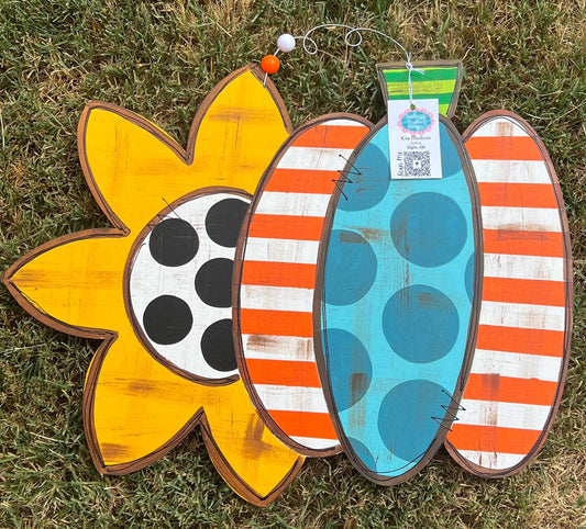 Hand Painted Sunflower and Pumpkin Door Hanger, Fall Decor (18"x23")