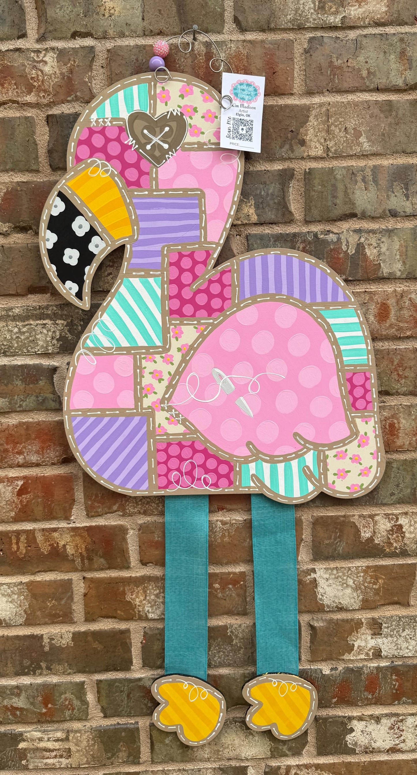 Patchwork Flamingo with ribbon legs, door hanger, Summer, 18"x36”