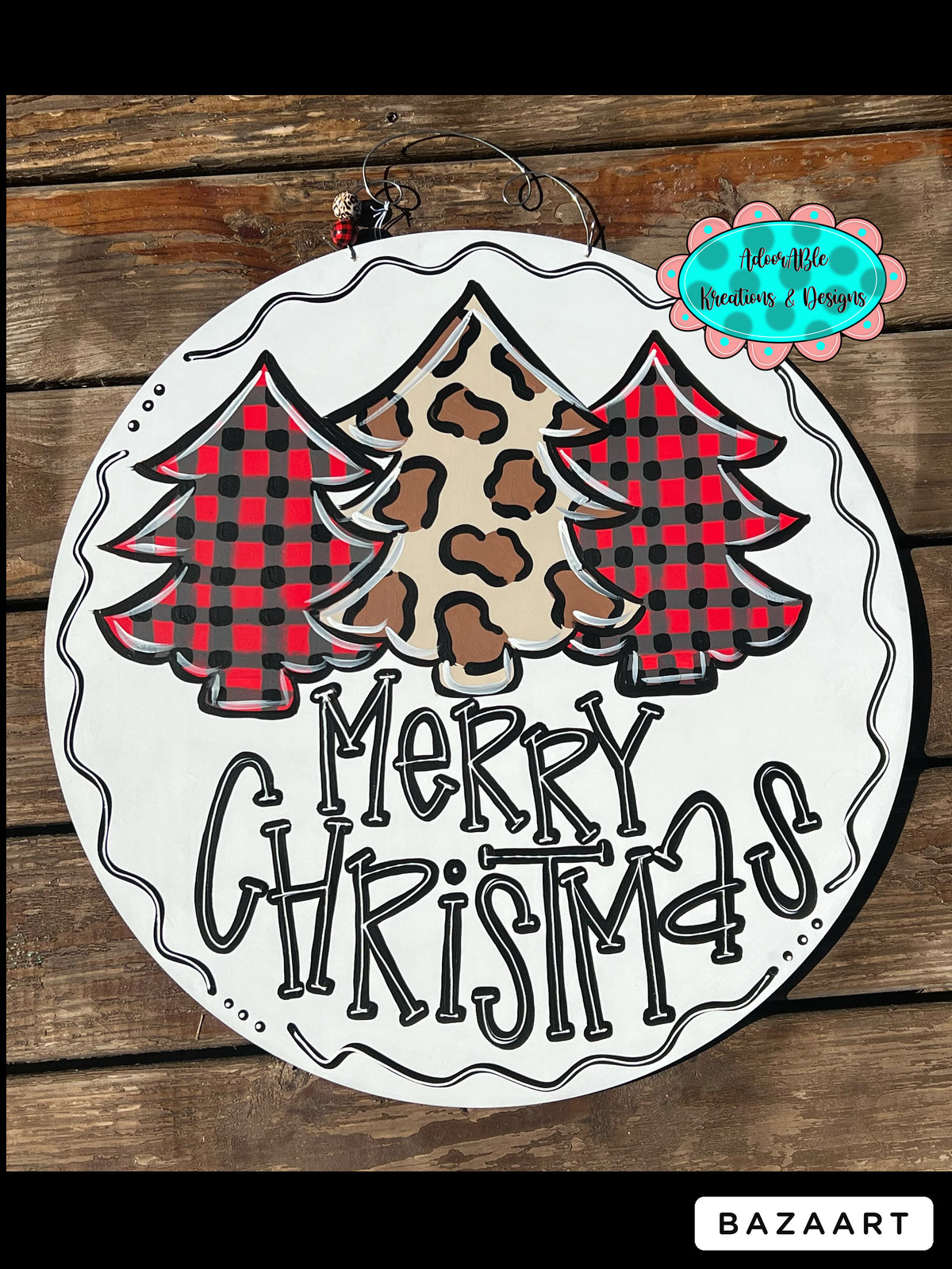 Merry Christmas Door Hanger, Buffalo Plaid and Leopard Print Trees, 22" Round