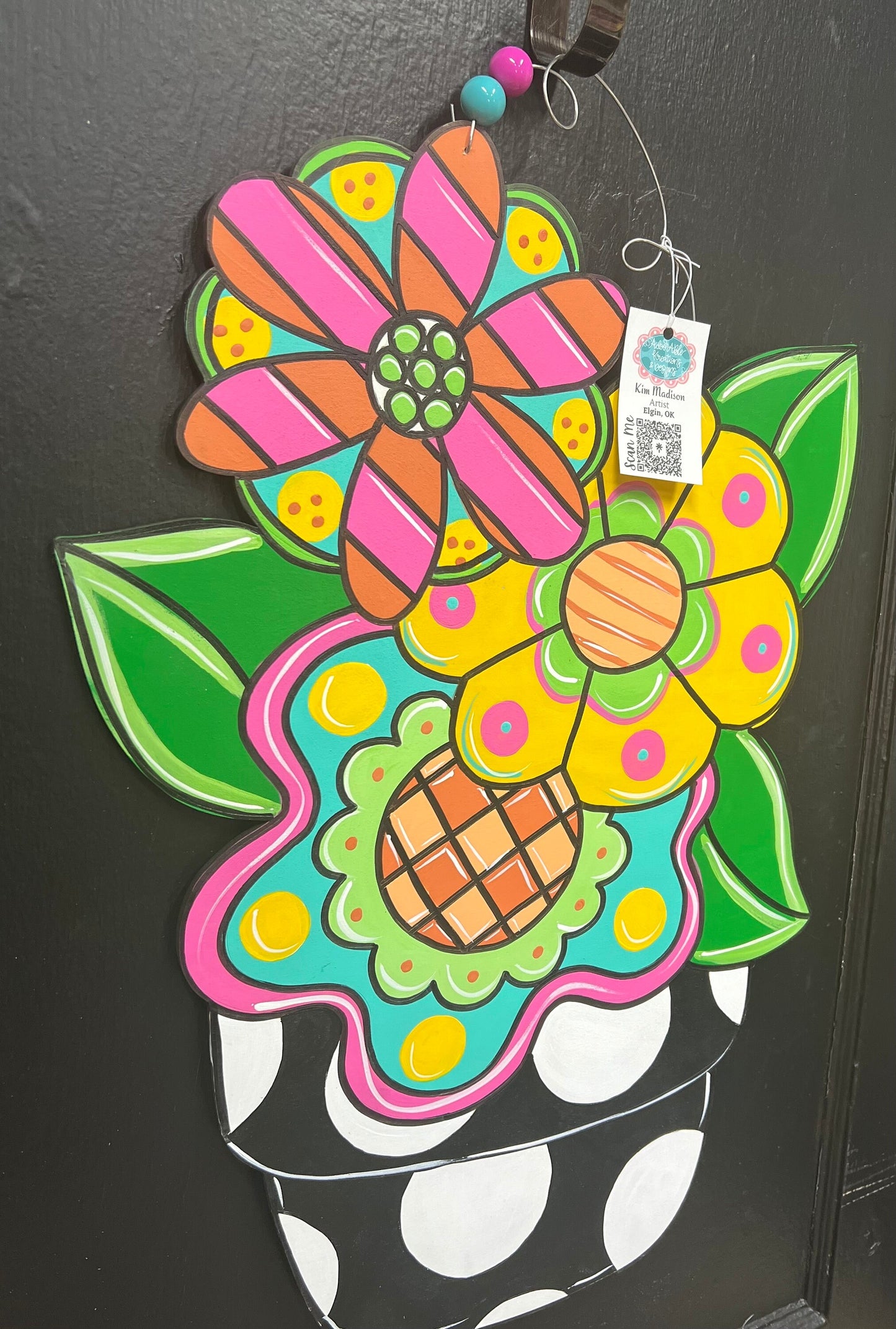 Funky Flowers in Pot Door Hanger, Hand Painted Birch, 16x23