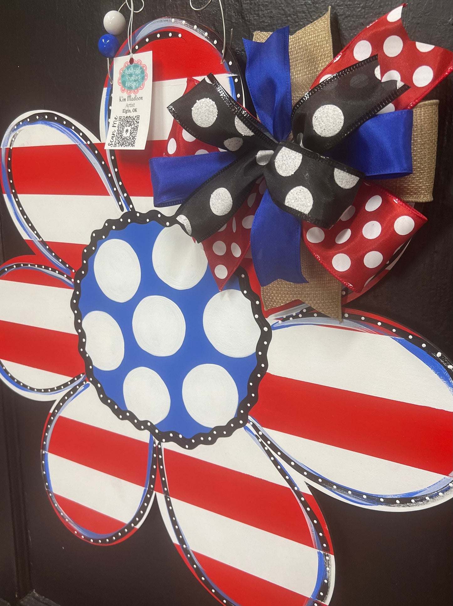 Red & White Striped Flower with Blue Center door hanger, Merica, door hanger, USA, 4th of July, Independence Day, 21”x22"
